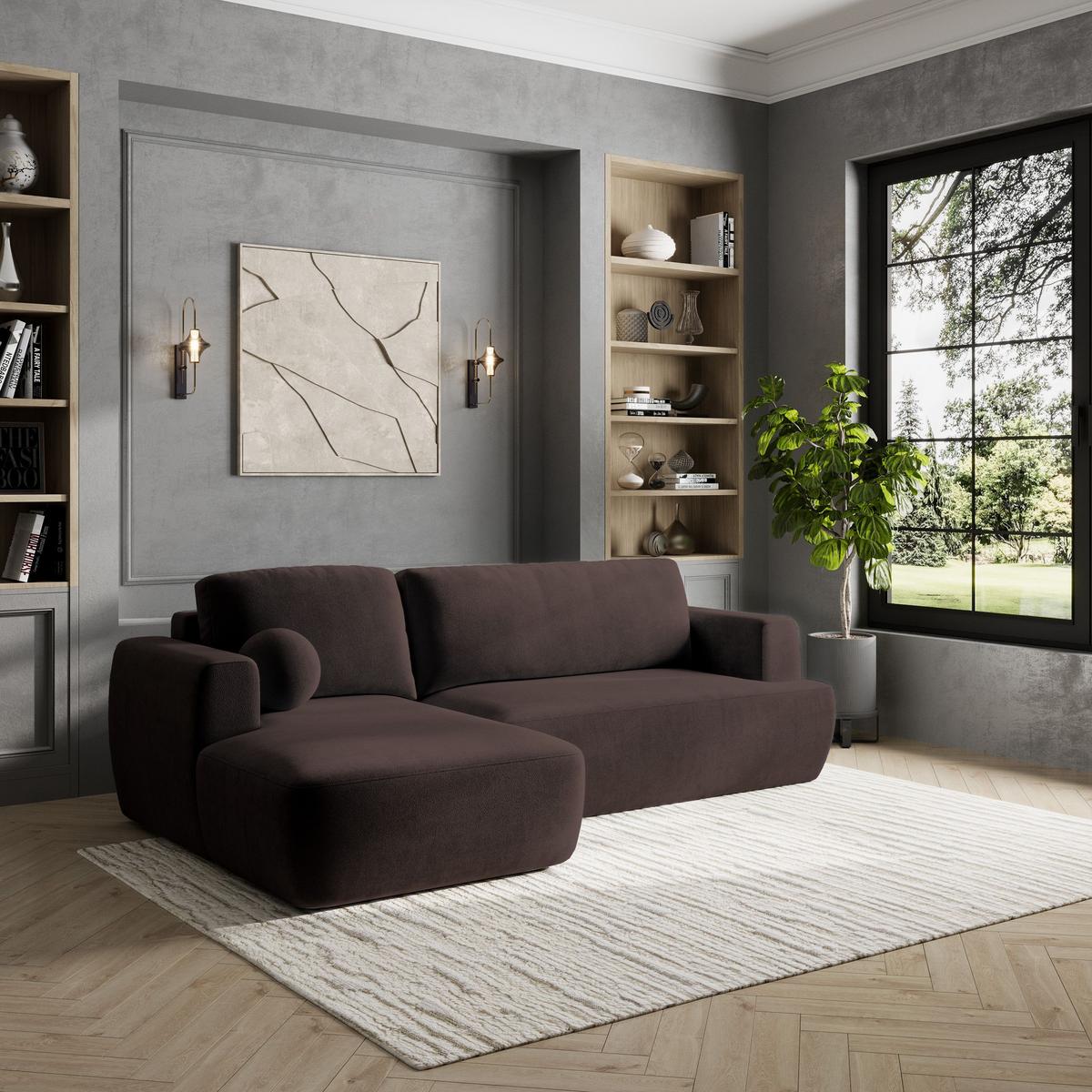 ECKSOFA SENTI K L-S Braun Plüsch-Stoff mit Schlaffunktion - Schwarz/Braun, Holz/Kunststoff (246/148cm) - MASSENO
