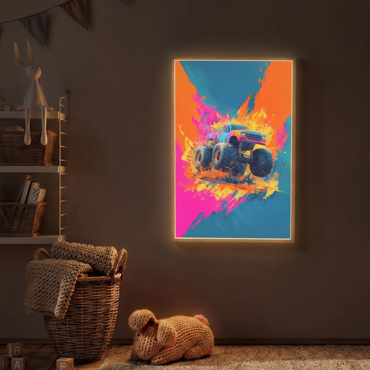 NACHTTISCHLAMPE MIT AKKU Monstertruck - Abstrakt - Farbspritzer - Farbenfroh 70x100 cm - Pink, Holzwerkstoff (8/70/100cm) - OnlyWow
