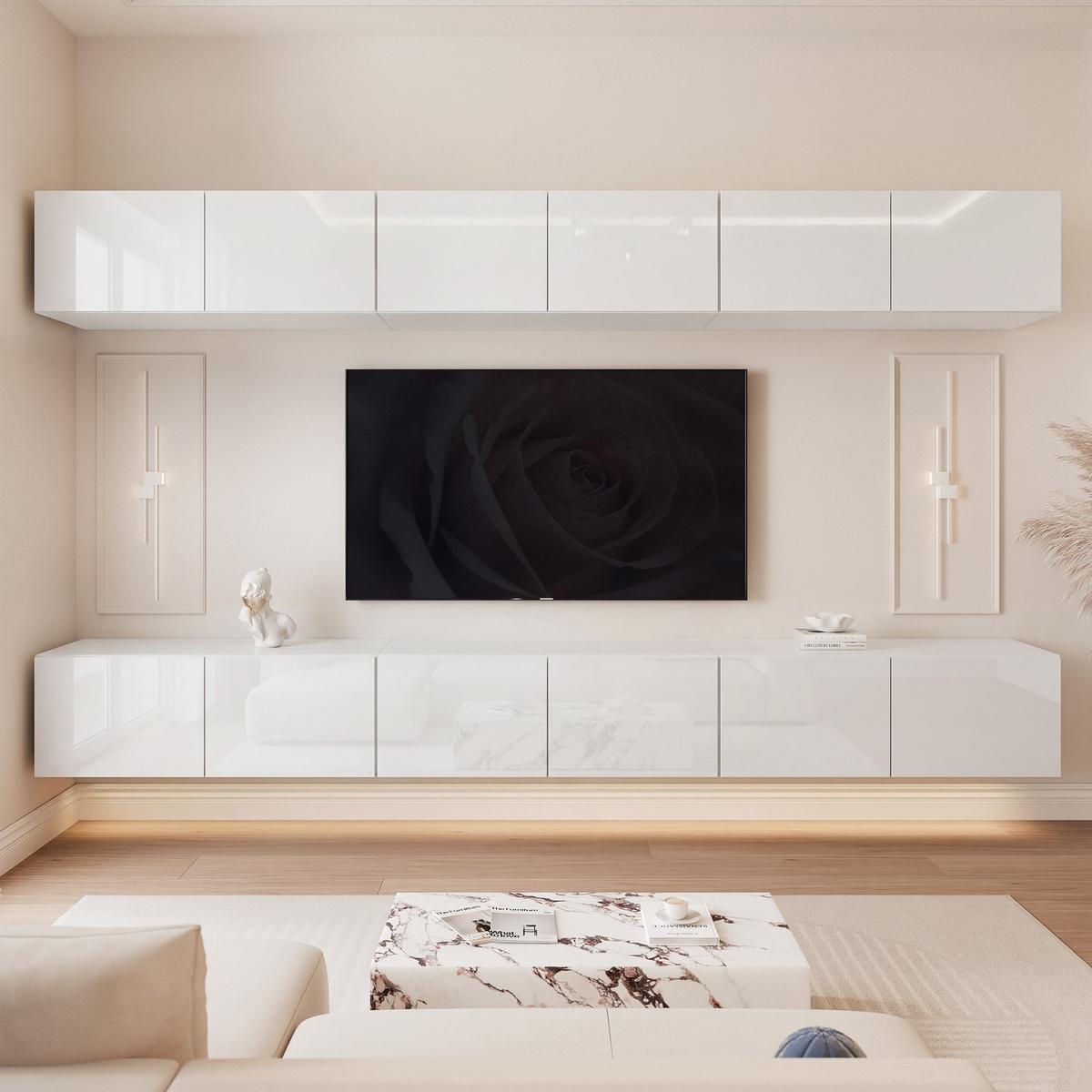 TV-LOWBOARD ANGEL V mit LED-Beleuchtung, 300 cm Weiß Hochglanz - Weiß Hochglanz, Holzwerkstoff (300/36/40cm) - Idohome