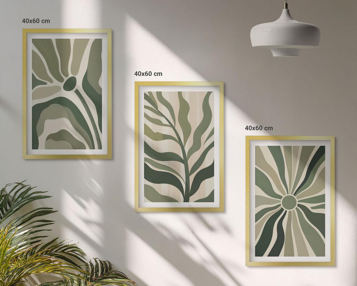 BILDER SET 3er Set - 40x60 cm Goldrahmen - Grüne und beige Pflanzenmuster - Goldfarben, Kunststoff (40/60cm) - TULUP