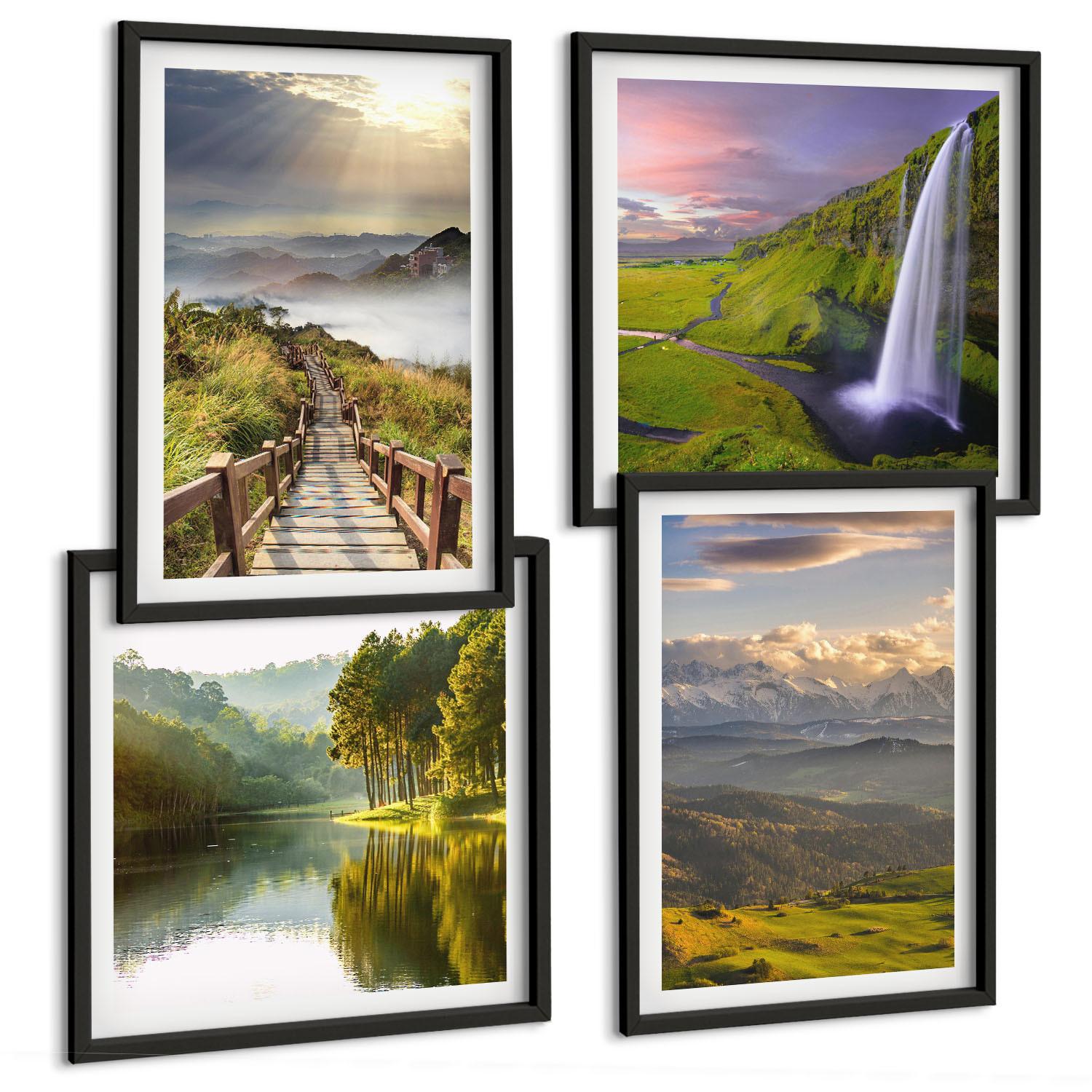 BILDER SET 4er Set - 50x50 cm & 40x60 cm Schwarzer Rahmen - Berglandschaften Wasserfall - Schwarz, Kunststoff (50/50cm) - TULUP