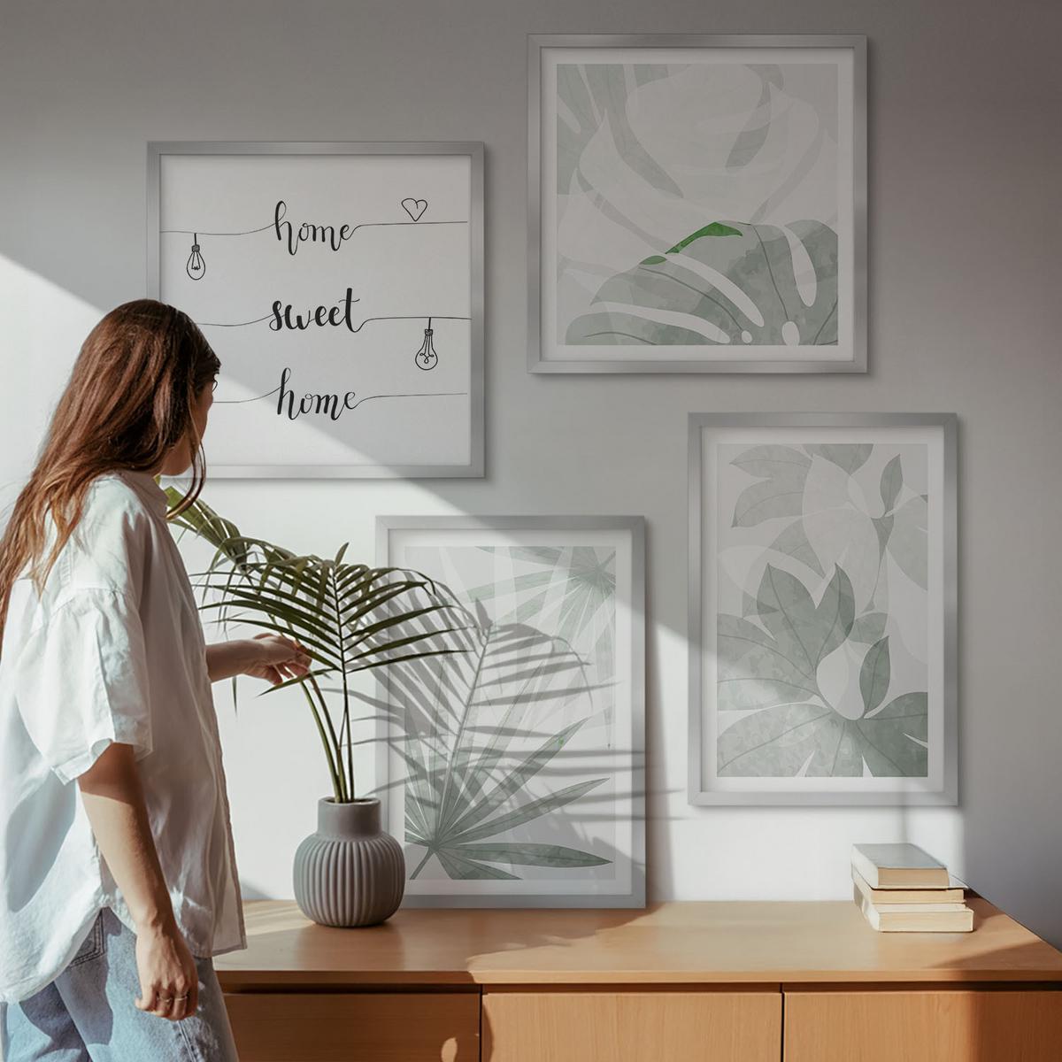 BILDER SET 4er Set - 50x50 cm & 40x60 cm Silberner Rahmen - Die Blätter der Pflanzen sind grünlich-grau. - Silberfarben, Kunststoff (50/50cm) - TULUP