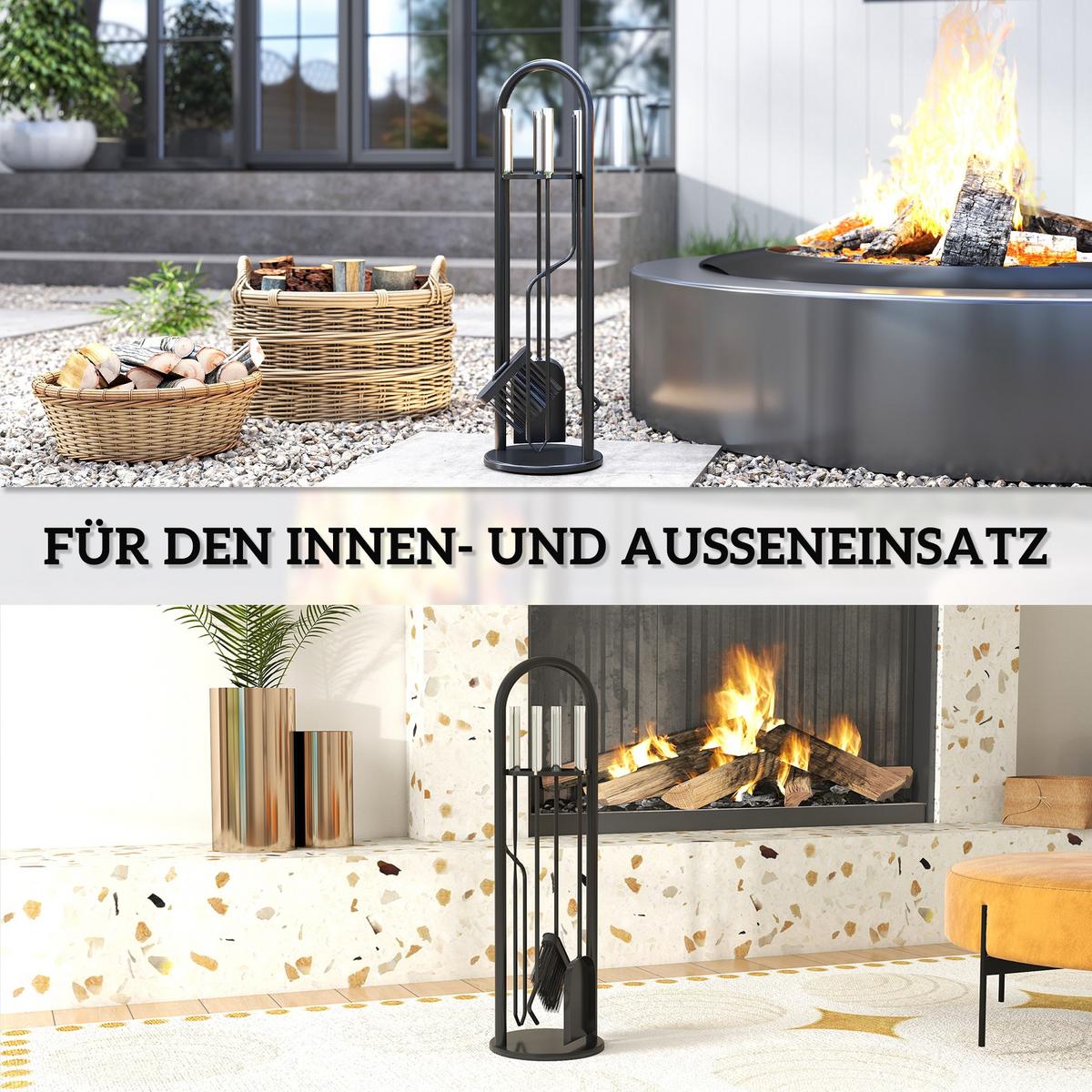 KAMINBESTECK Set 5 teilig Kaminzubehör mit Besen, Schaufel, Schürhaken Zange - Silberfarben/Schwarz, Metall (20/71/20cm) - Outsunny