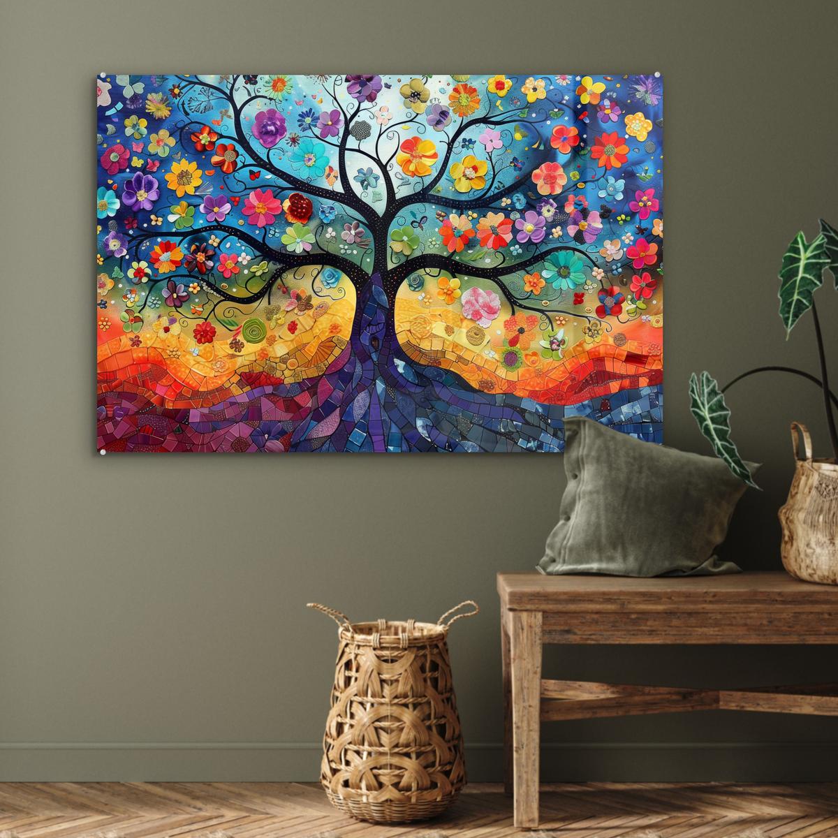 ACRYLGLASBILD Kunst - Baum des Lebens - Blumen - Hippie Room Decor 90x60 cm - Dunkelblau, Glas (90/60cm) - MuchoWow