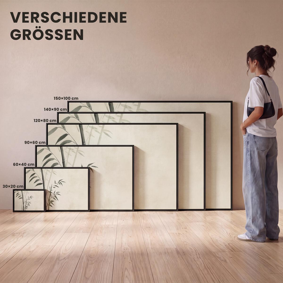 LEINWAND Bilder mit Rahmen - Japandi - Bambus - Beige - 90x60 - Eukalyptusholzfarben, Textil (90/60cm) - MuchoWow