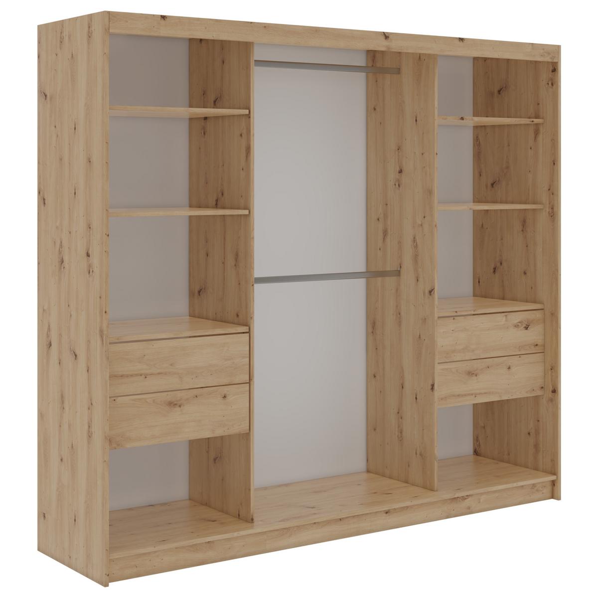 SCHWEBETÜRENSCHRANK mit Schubladen 240 - SKORIA - Eiche Artisan mit Spiegel - Alufarben/Eiche Artisan, Holzwerkstoff/Metall (240/216/61cm) - MKS
