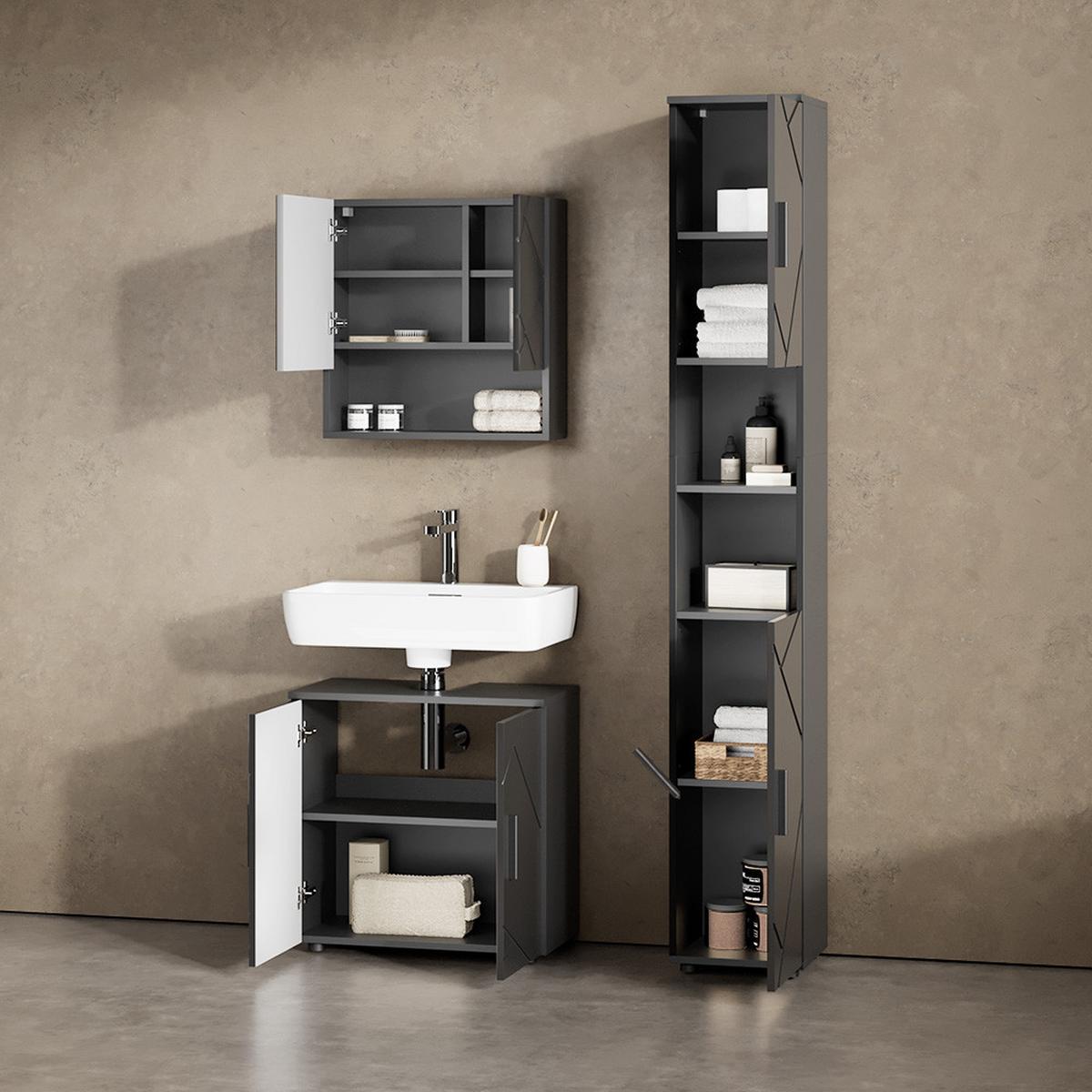 BADMÖBEL-SET Ronco Anthrazit Hochglanz 2 Teile, Unterschrank 60 cm - Schwarz Hochglanz, Holzwerkstoff (60/81/30cm) - Livinity®