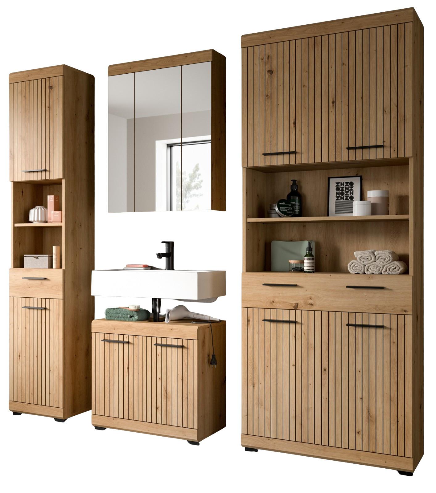 BADMÖBEL-SET Eiche Artisan 200 x 191 cm 4-teilig, Komplettset mit viel Stauraum - Schwarz/Eiche Artisan, Glas/Holzwerkstoff (201/191/34cm) - Inn.Furn