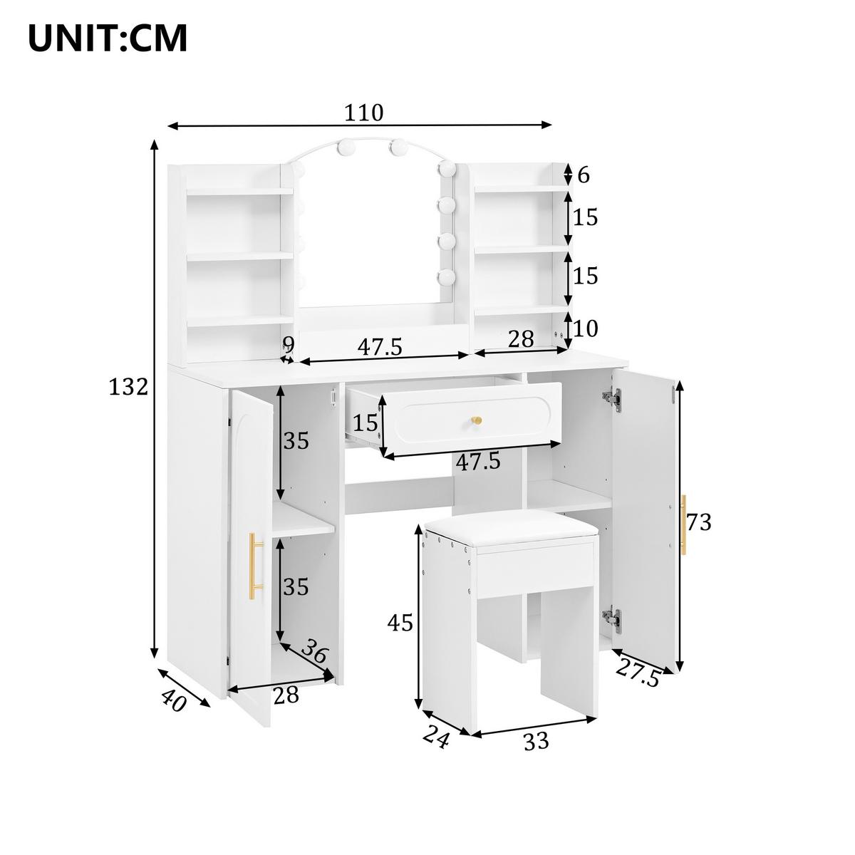 SCHMINKTISCH LED mit Hocker Spiegel Stauraum - Weiß, Holzwerkstoff (110/132/40cm) - Urban Meuble