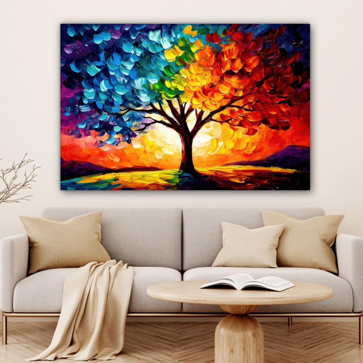 LEINWANDBILD Baum - Kunst - Natur - Sonnenuntergang XXL 150x100 cm - Multicolor, Textil (150/100cm) - MuchoWow