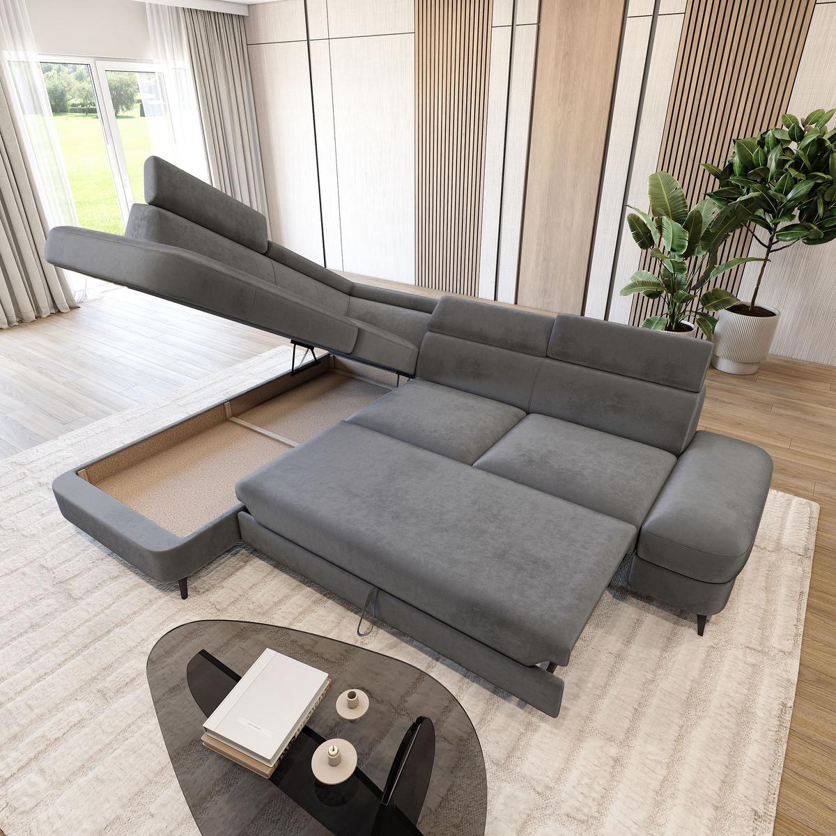 ECKSOFA AVISE M L-S Grau Velours-Stoff mit Schlaffunktion - Grau, Holzwerkstoff/Textil (268/195cm) - MASSENO