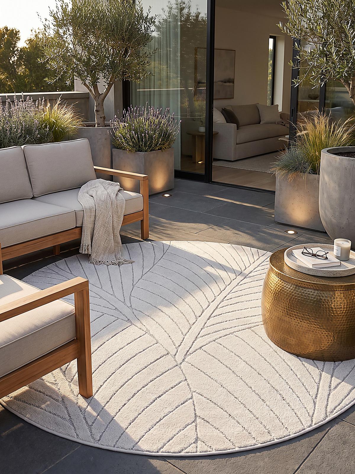 TEPPICH Outdoor, Fußbodenheizung-geeignet, mit Blattmotiv, ENGADIN in Creme, Ø 120 cm - Creme, Textil (120/120cm) - KADIMA DESIGN