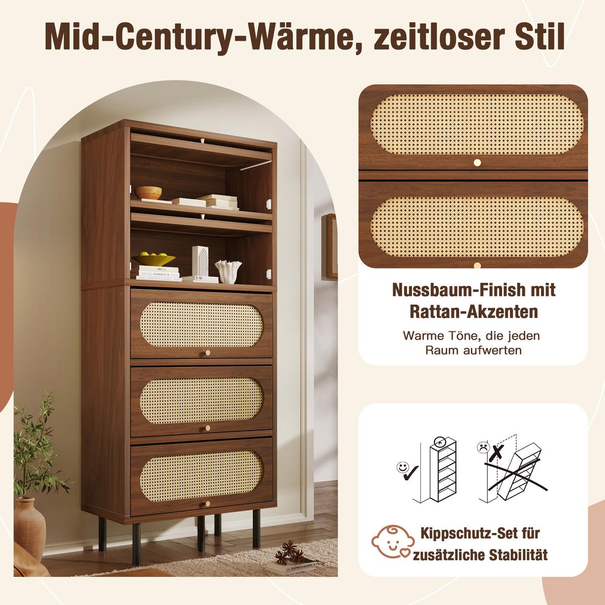 BUFFETSCHRANK Nussbaum & Rattan, 5 Klappen, Metallbeine - Walnussfarben, Holz (80/163/40cm) - Urban Meuble