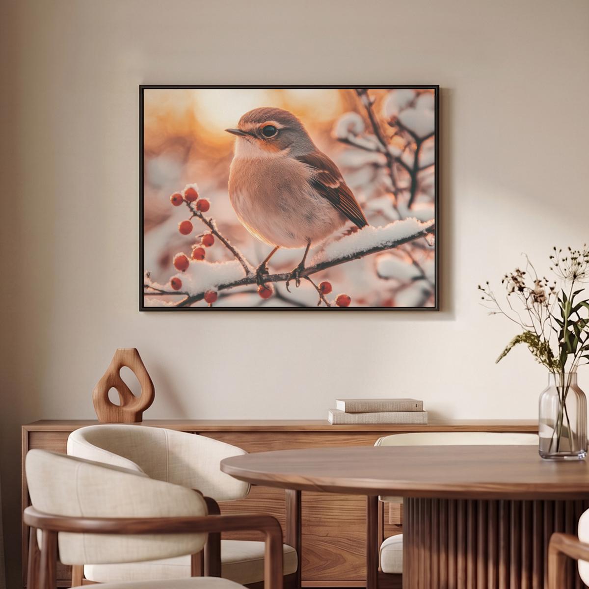 LEINWAND Bilder mit Rahmen - Vogel - Zweig - Winter - Tiere - Schnee - 70x50 - Bernsteinfarben, Textil (70/50cm) - MuchoWow