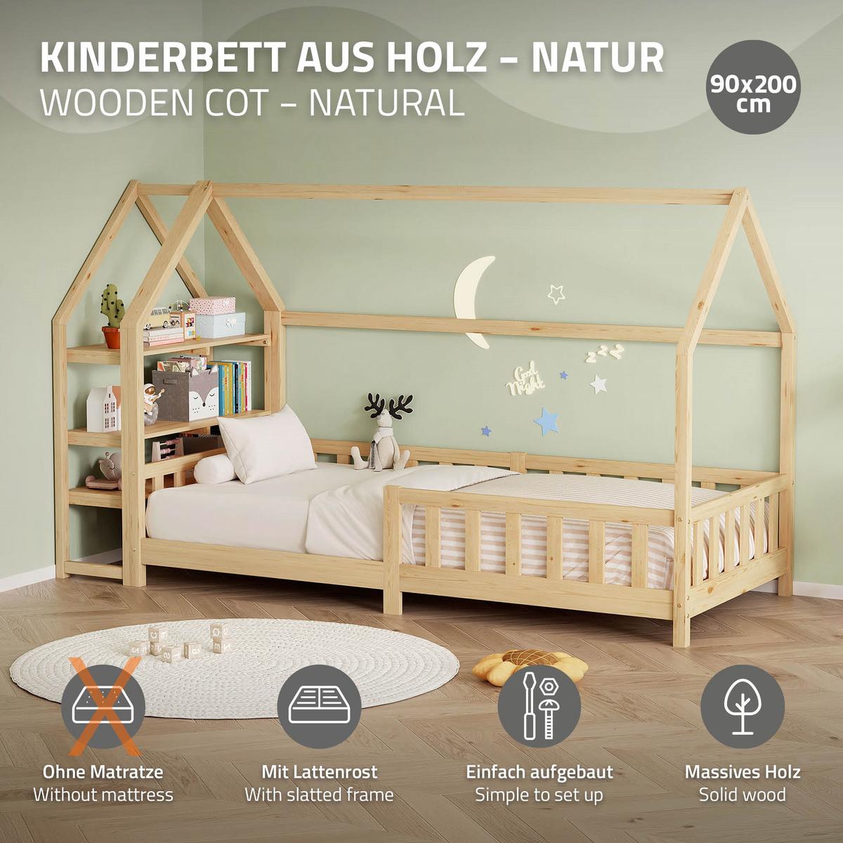 KINDERBETT 90x200 cm mit Rausfallschutz & Regal Natur aus Kiefernholz - Naturfarben, Holz (90/200cm) - ML-DESIGN