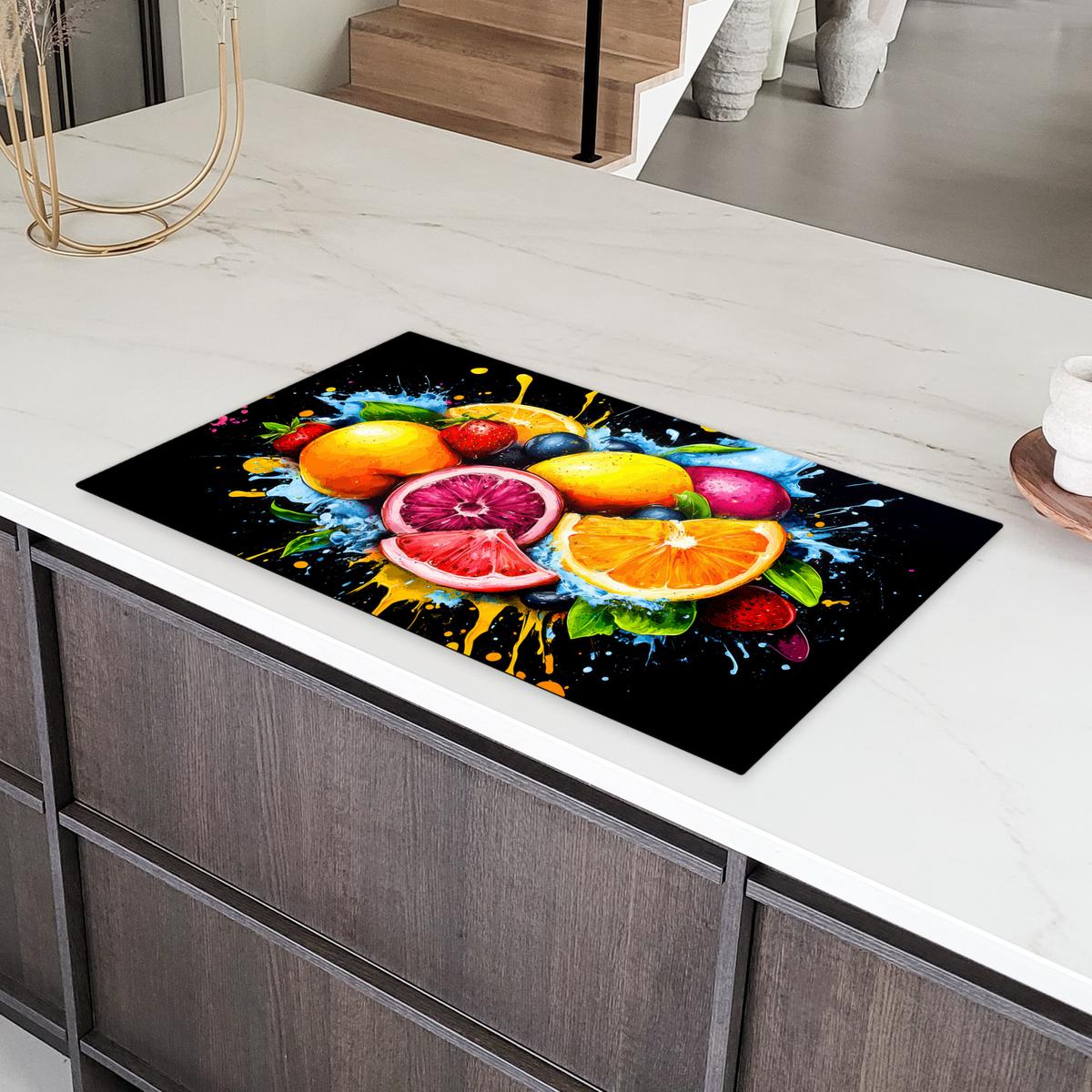 HERDABDECKPLATTE Obst - Graffiti - Bunt - Orange - Erdbeere - Abstrakt Induktionsschutz 91.6x52.7 cm - Orange, Kunststoff (91.6/52.7/0.2cm) - MuchoWow
