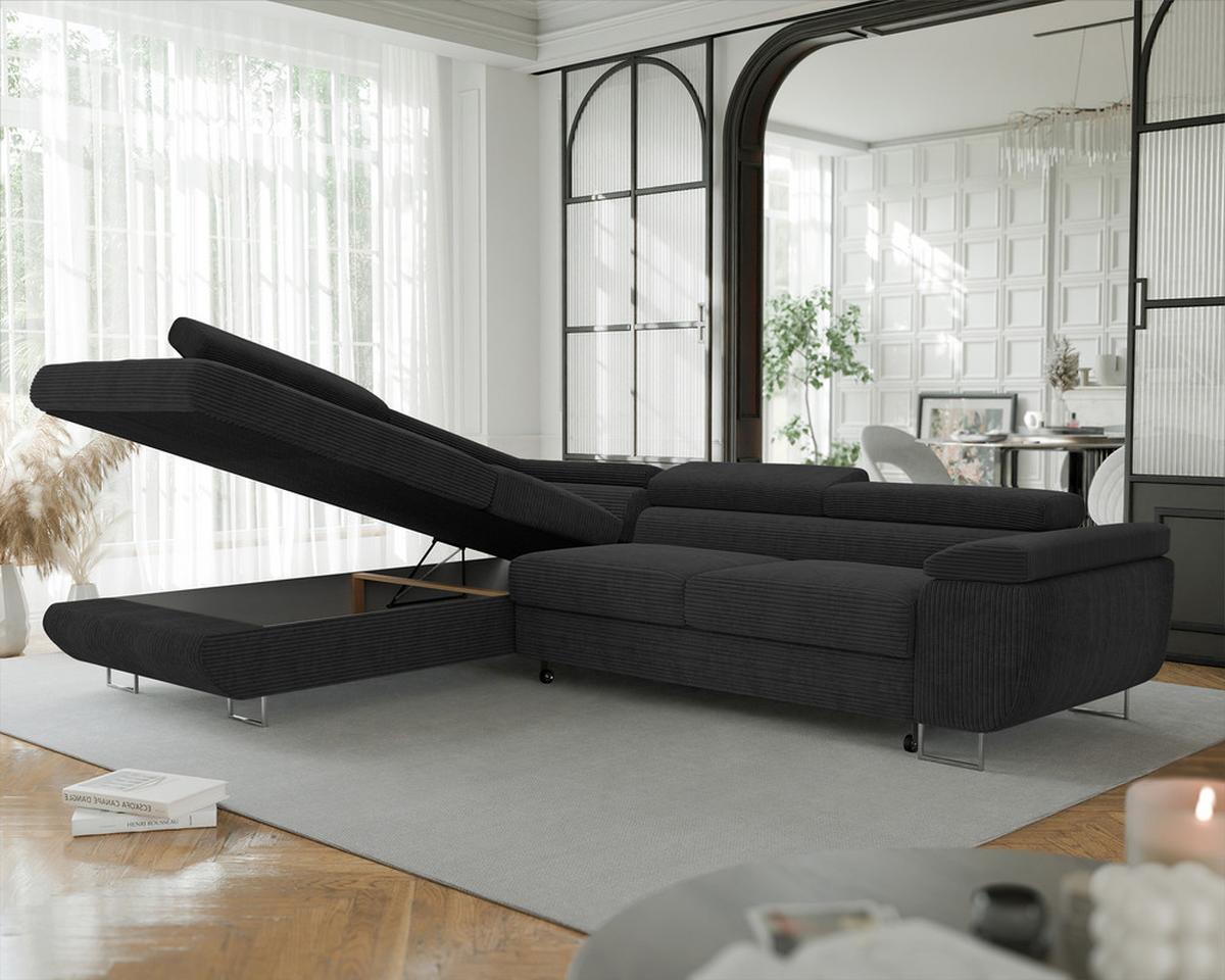 ECKSOFA ANTON links, mit Schlaffunktion und Bettkasten Anthrazit - Chromfarben/Anthrazit, Textil/Metall (274/203cm) - Idohome