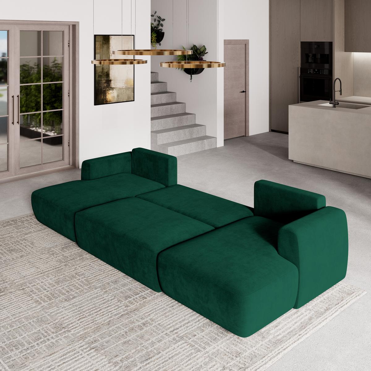 WOHNLANDSCHAFT SENTUM K Grün Plüsch-Stoff mit Schlaffunktion - Schwarz/Grün, Holz/Kunststoff (330/90/148cm) - MASSENO