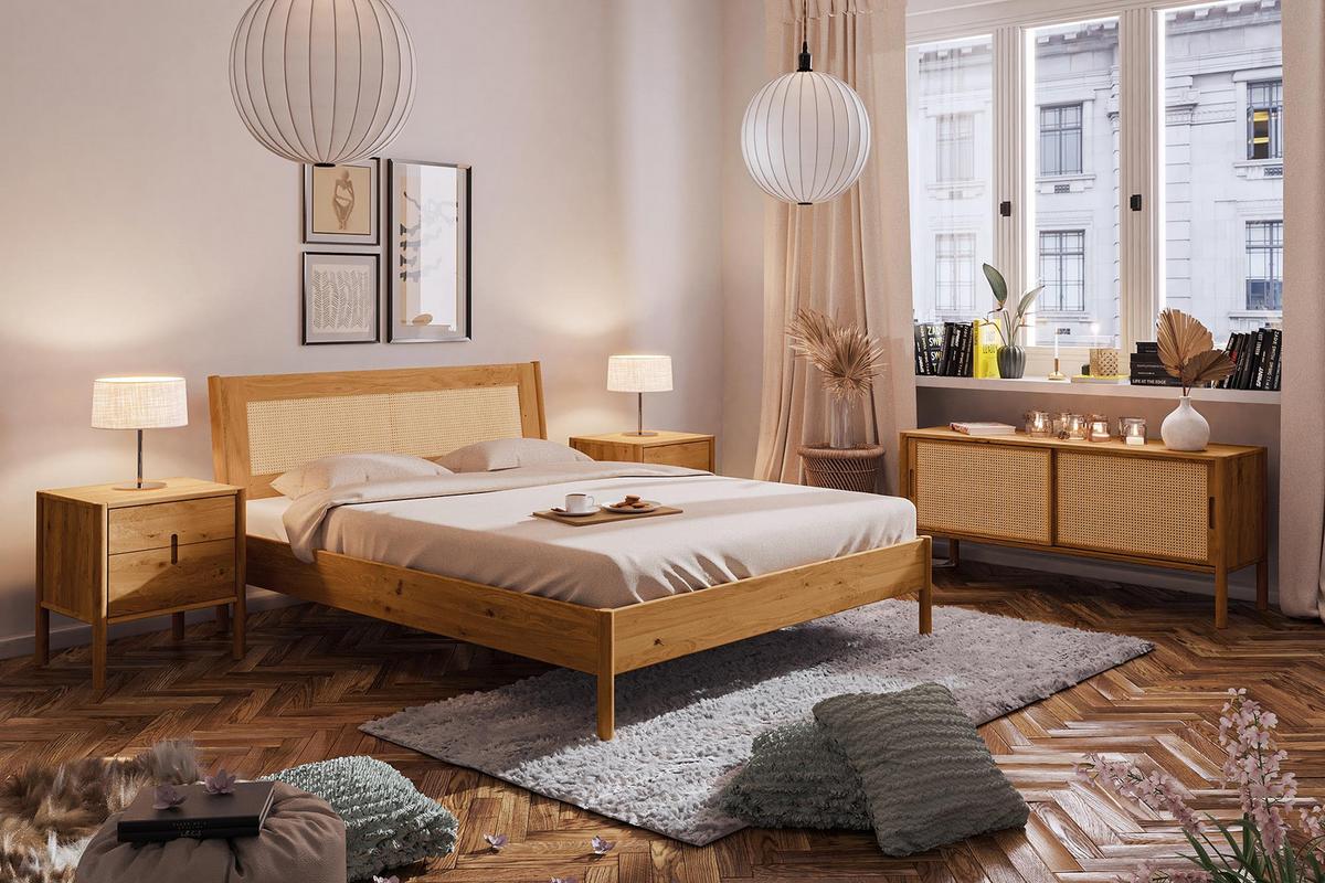 BETT MIT RATTANKOPFTEIL INA 120x210 Wildeiche - Mokka, Holz (120/210cm) - byoak