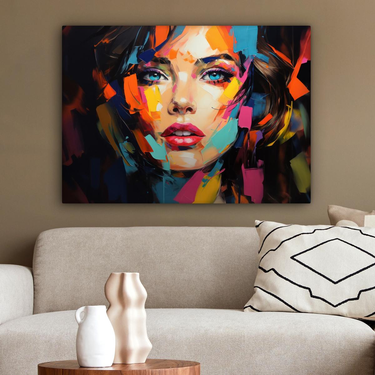 LEINWANDBILD Frau - Porträt - Farbenfroh - Kunst Wandbilder 80x60 cm - Multicolor, Textil (80/60cm) - MuchoWow
