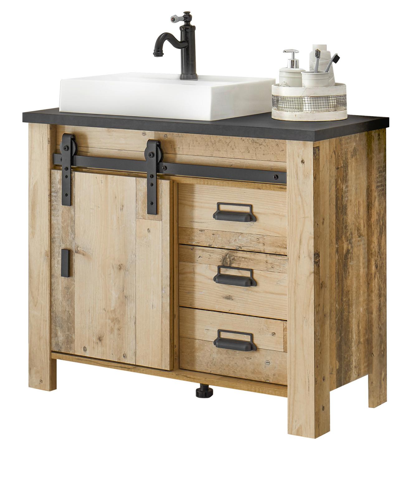 WASCHBECKENUNTERSCHRANK Used Wood Anthrazit, Waschtisch 95 cm inkl. Waschbecken, Soft-Close - Eichefarben/Anthrazit, Holzwerkstoff/Metall (95/81/43cm) - Furn.Design
