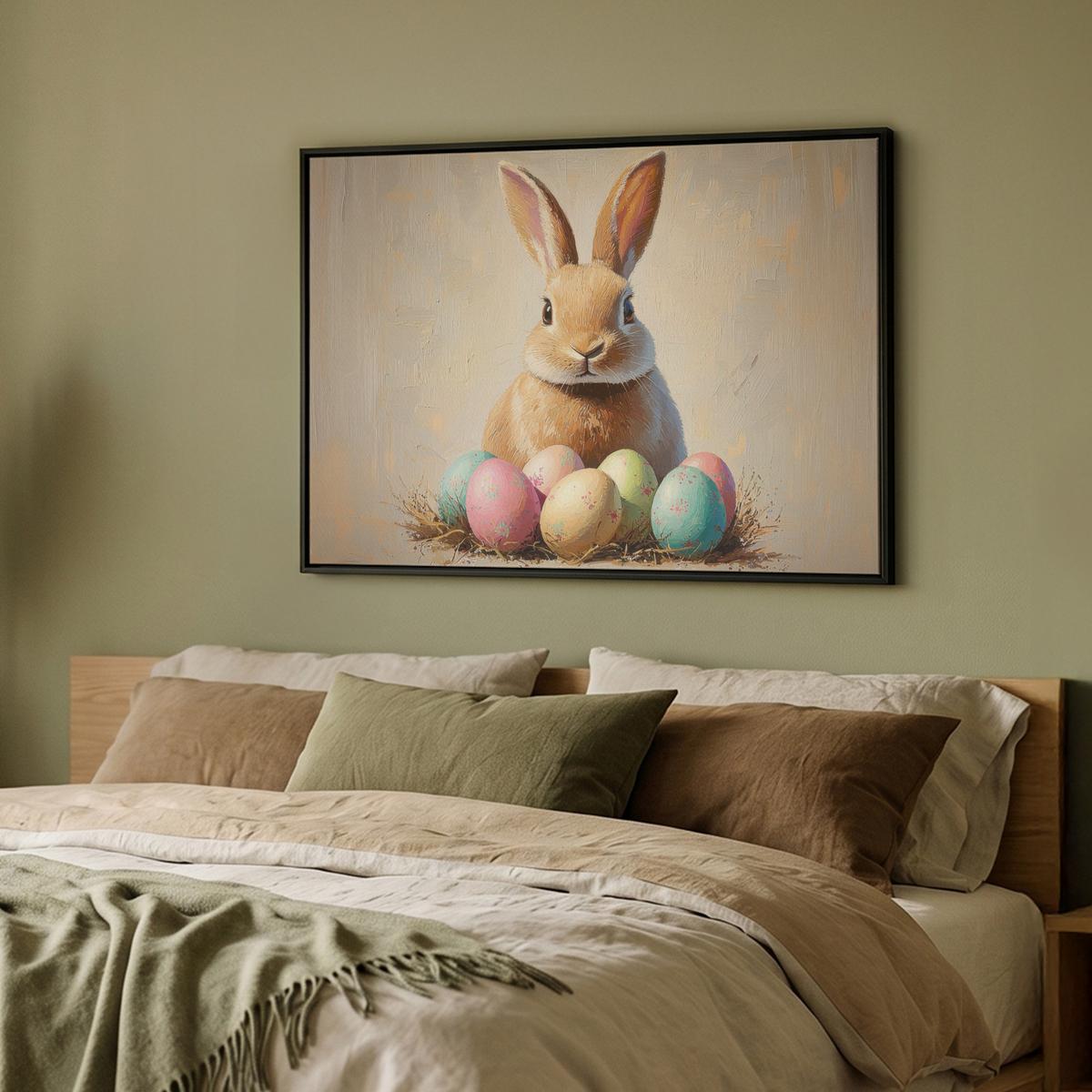 LEINWAND Bilder mit Rahmen - Osterhase - Pastell - Eier - 100x70 - Beige, Textil (100/70cm) - MuchoWow