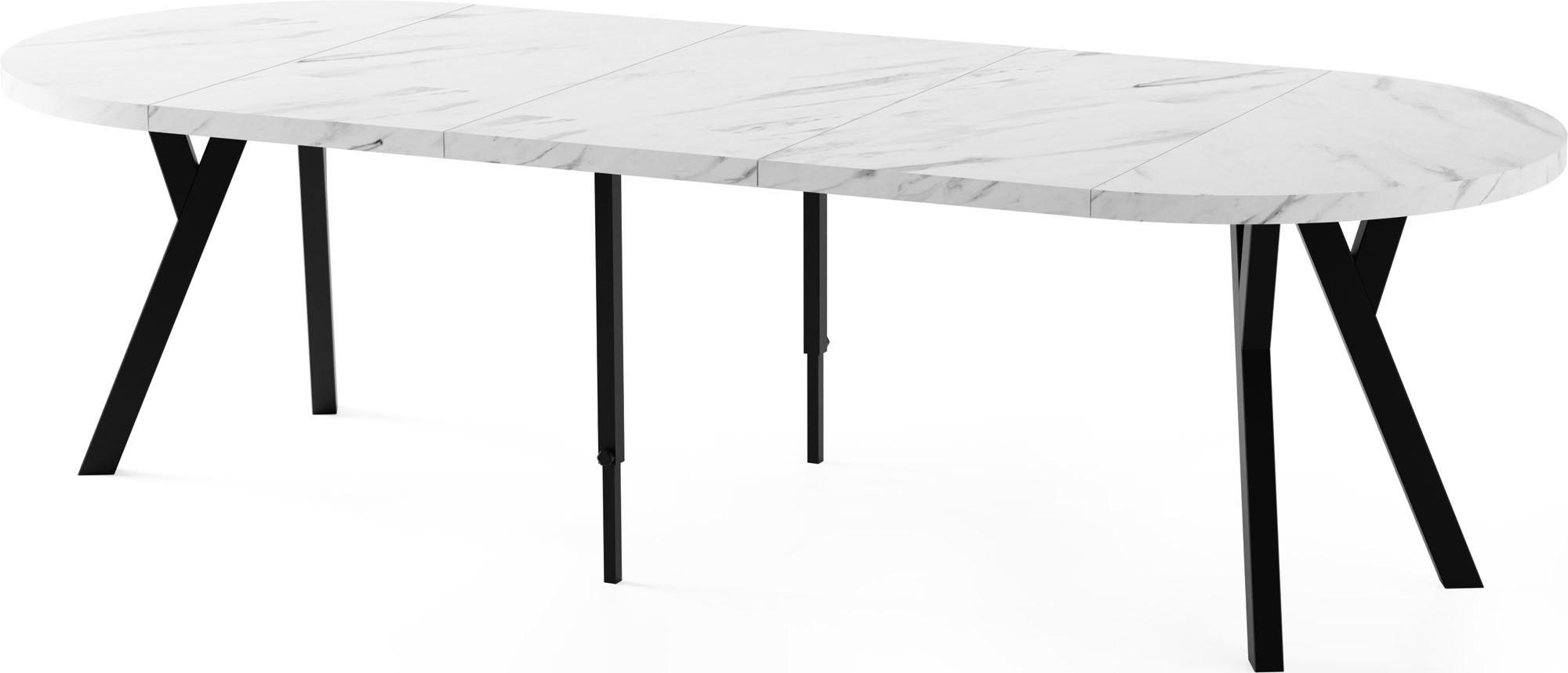ESSTISCH Twixy XXL groß rund oval ausziehbar, Marmor Weiß 100-250/100/76 cm - Ecru/Schwarz, Holz/Holzwerkstoff (100/250/76cm) - WFL GROUP