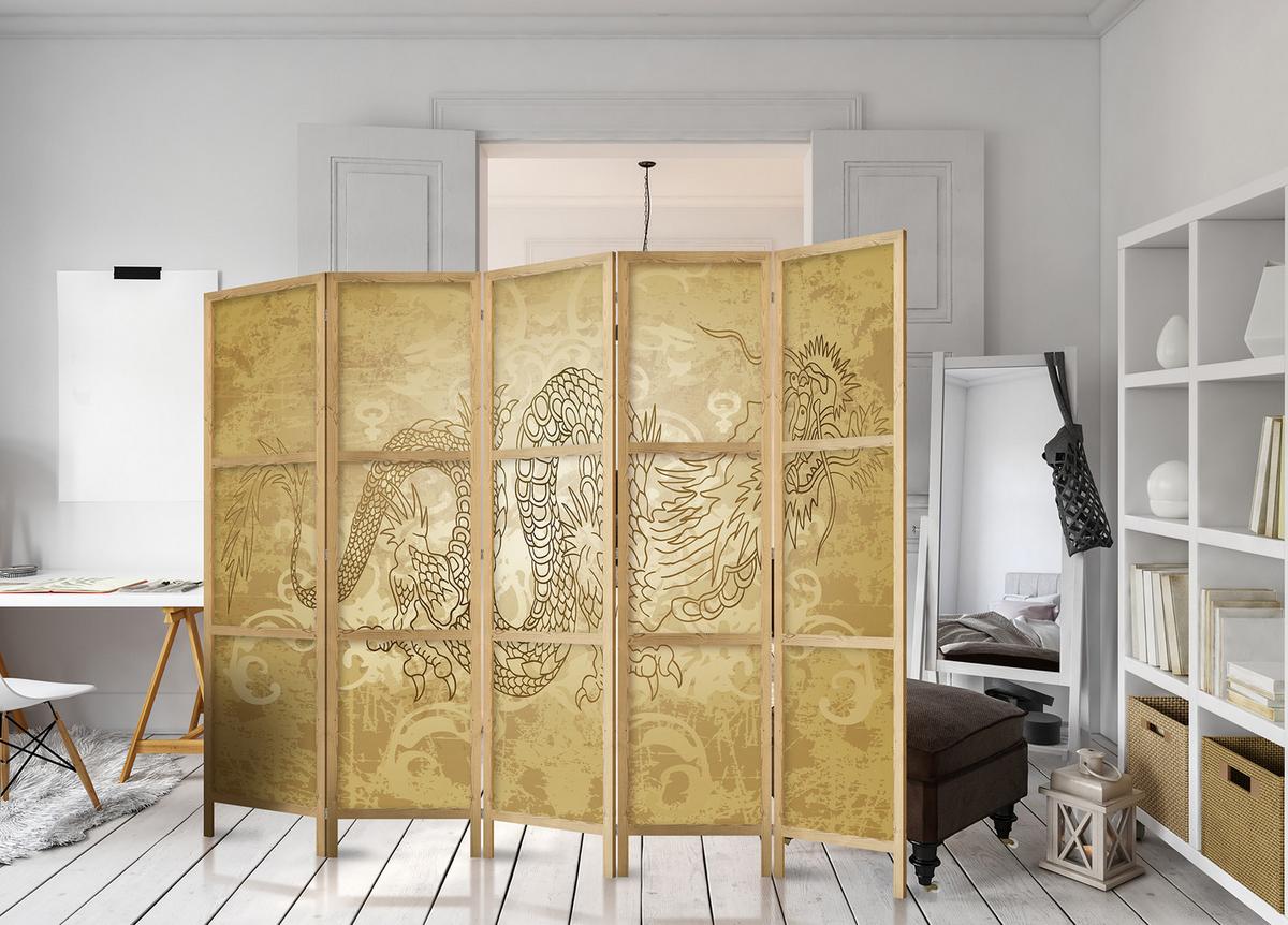 PARAVENT Japanischer 5-tlg 225x172 cm Japanischer Drache - Gelb, Holz/Textil (225/172/3cm) - Muralo