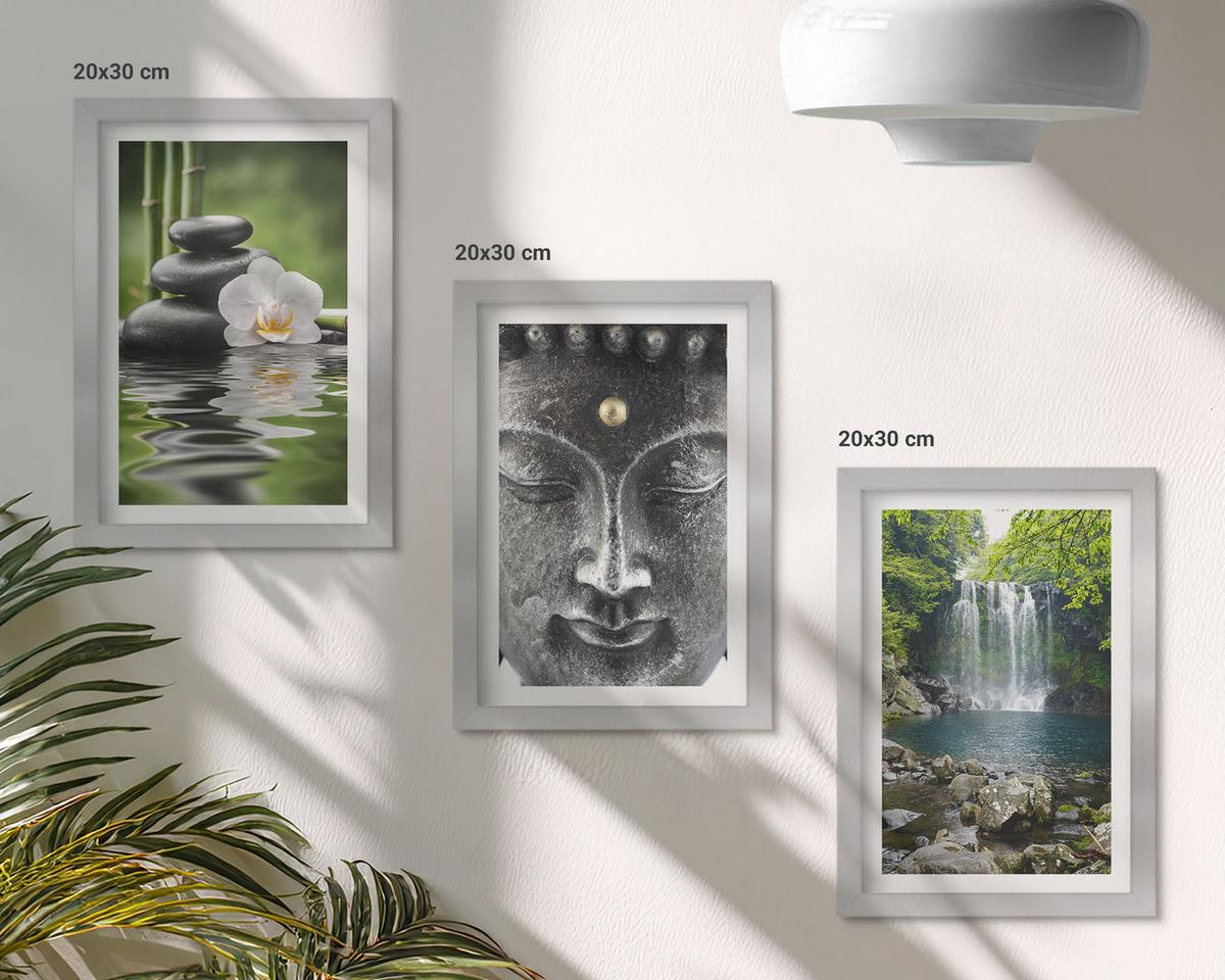 BILDER SET 3er Set - 20x30 cm Silberner Rahmen - Harmoniesteine Wasser Buddha - Silberfarben, Kunststoff (20/30cm) - TULUP