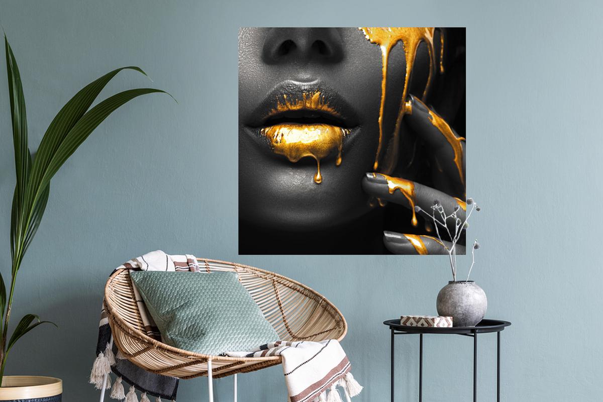 WANDTATTOO Frau - Schwarz - Gold - Gesicht - Lippen Wanddeko 50x50 cm - Goldfarben, Kunststoff (50/50/0.1cm) - MuchoWow