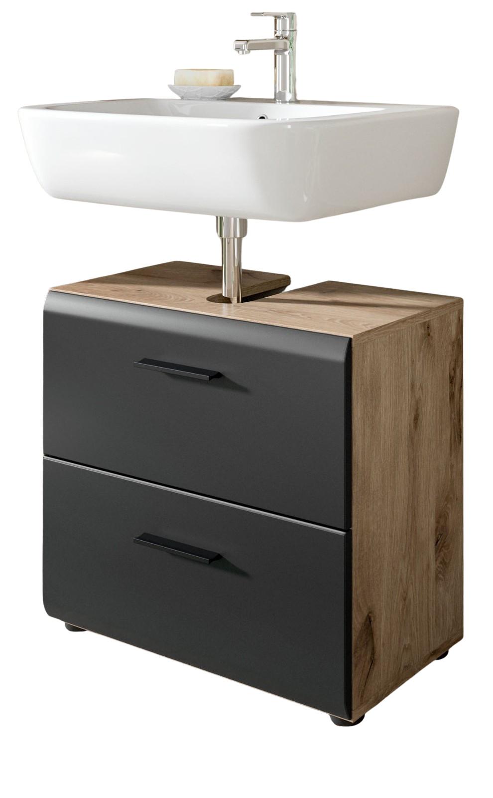 WASCHBECKENUNTERSCHRANK Schwarz matt, Eiche 60 cm, Unterschrank mit Schubladen - Eichefarben/Schwarz, Holzwerkstoff/Kunststoff (60/54/30cm) - Inn.Furn