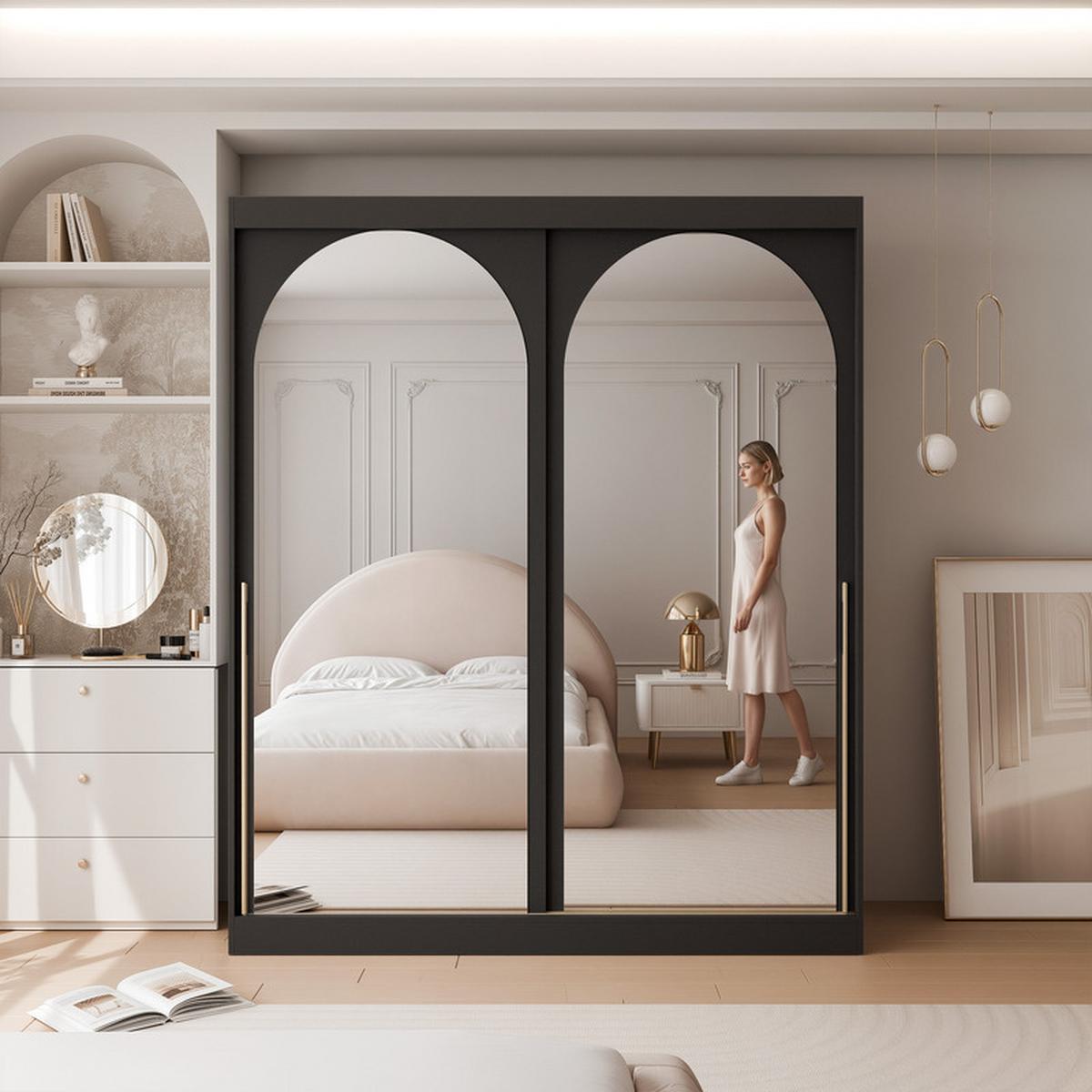SCHWEBETÜRENSCHRANK CLARITY 2-türig 180/65/215 cm Schwarz / goldene Griffe - Goldfarben/Schwarz, Holzwerkstoff/Kunststoff (180/215/65cm) - Idohome