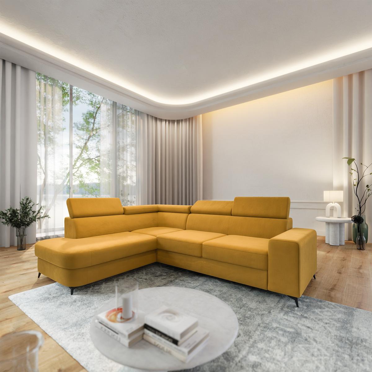 ECKSOFA ALVORO L-S Gelb Velours-Stoff mit Schlaffunktion - Gelb, Holz (253/190cm) - MASSENO