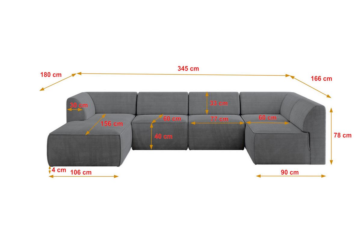 WOHNLANDSCHAFT Ottomane Links MOVO-L 345x180x78 cm Dunkelgrau Cord - Dunkelgrau, Holzwerkstoff/Kunststoff (345/78/180cm) - ALTDECOR