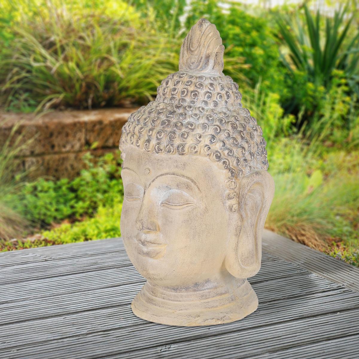 BUDDHA KOPF STATUE 55 cm Beige/Grau aus Polyresin - Beige, Kunststoff (30/55/30cm) - ECD-Germany