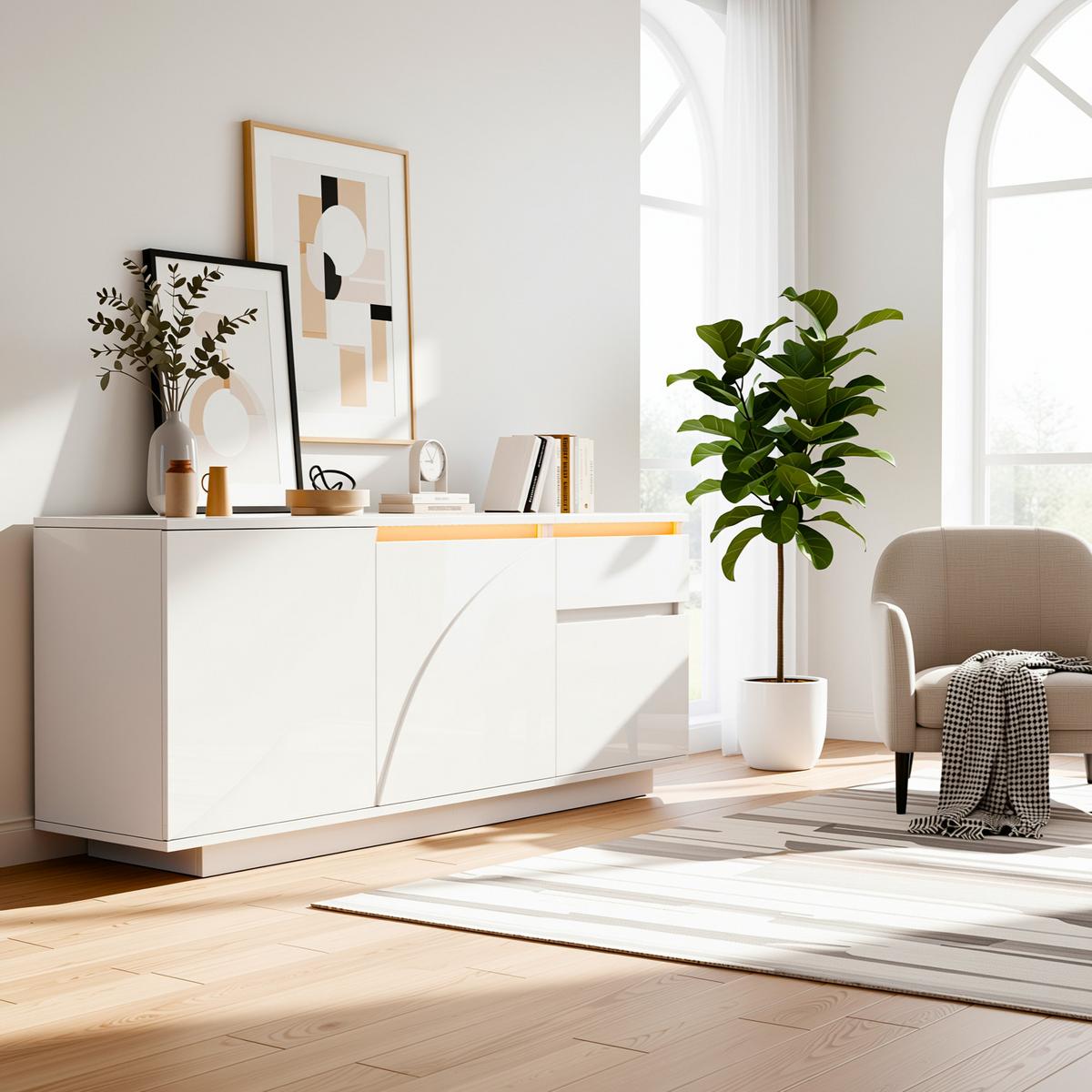 SIDEBOARD Weiß Hochglanz mit LED & 3 Türen 1 Schublade 140×40×60 cm - Weiß, Holzwerkstoff (140/60/40cm) - Urban Meuble