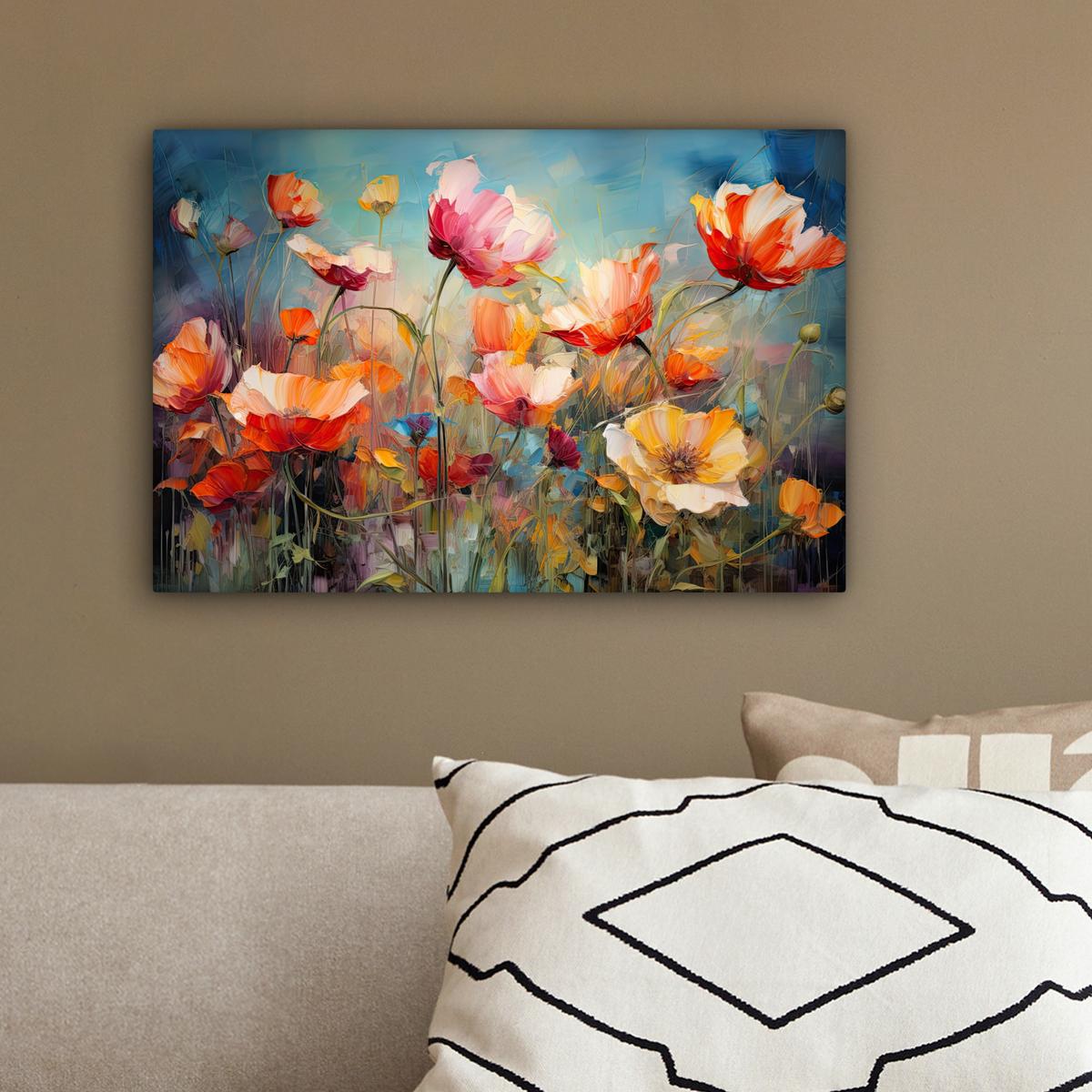 LEINWANDBILD Blumen - Aquarell - Kunst - Botanisch - Natur Deko Schlafzimmer 30x20 cm - Orange, Textil (30/20cm) - MuchoWow
