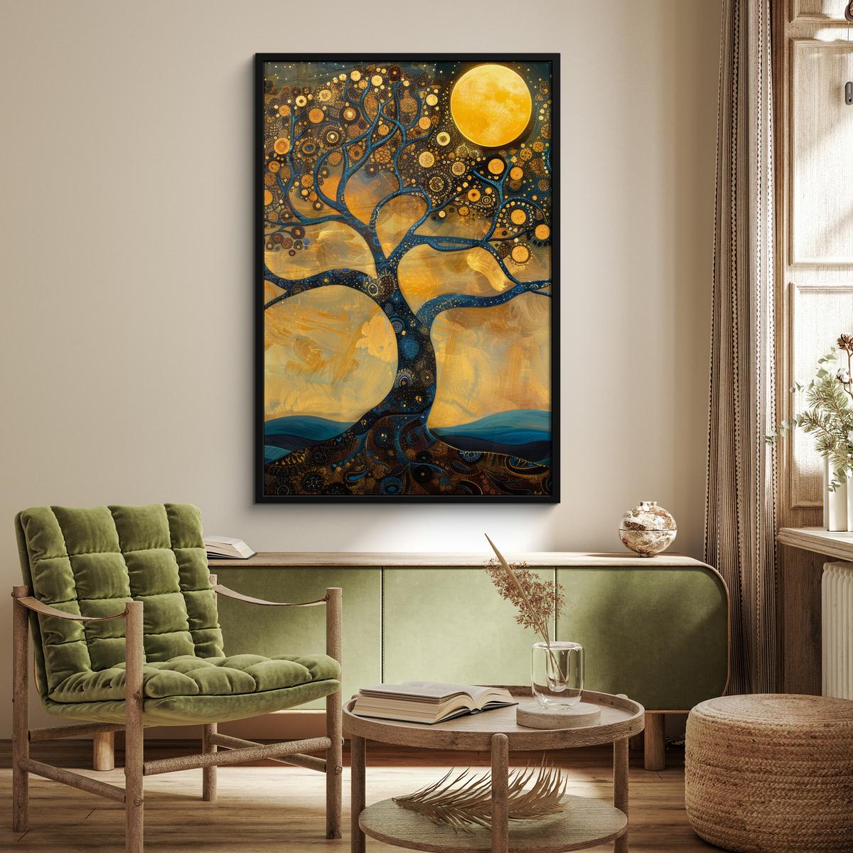 POSTER MIT RAHMEN Baum - Mond - Blumen - Gold - Kunst Bilderleiste 80x120 cm - Orange, Papier (80/120cm) - MuchoWow