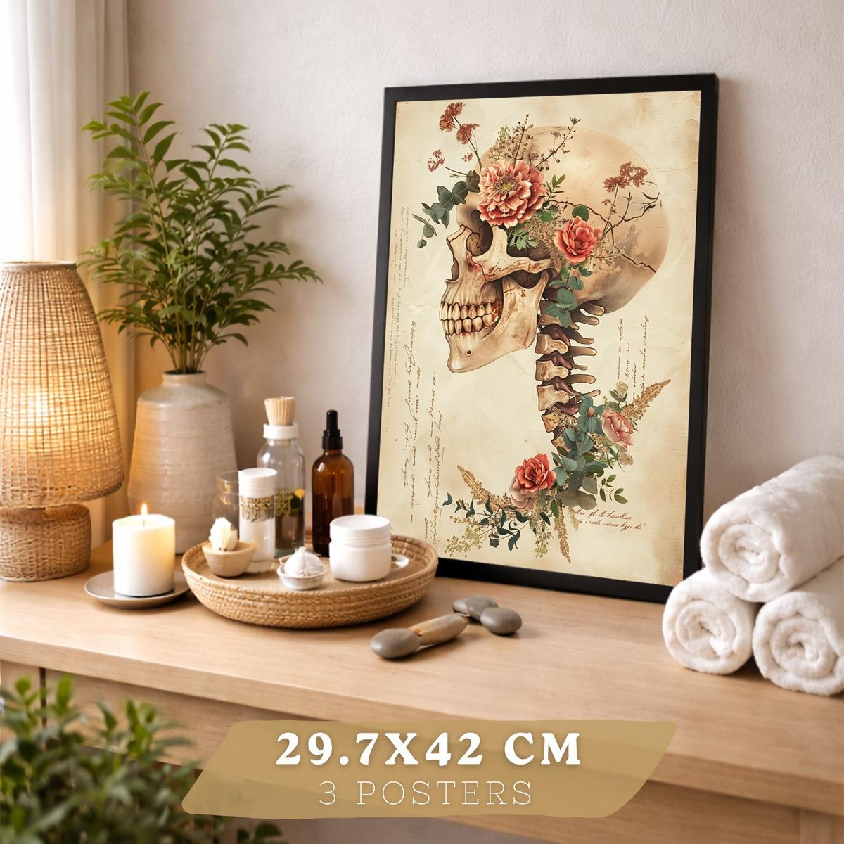 POSTER Set aus 3 Anatomie Mensch Drucke und Wandbilder mit Herz Gehirn und Schädel Vintage Floraler Stil Wanddekoration Größe Schwarzer Rahmen A3 - Schwarz, Papier (29.7/42/3cm) - Nacnic