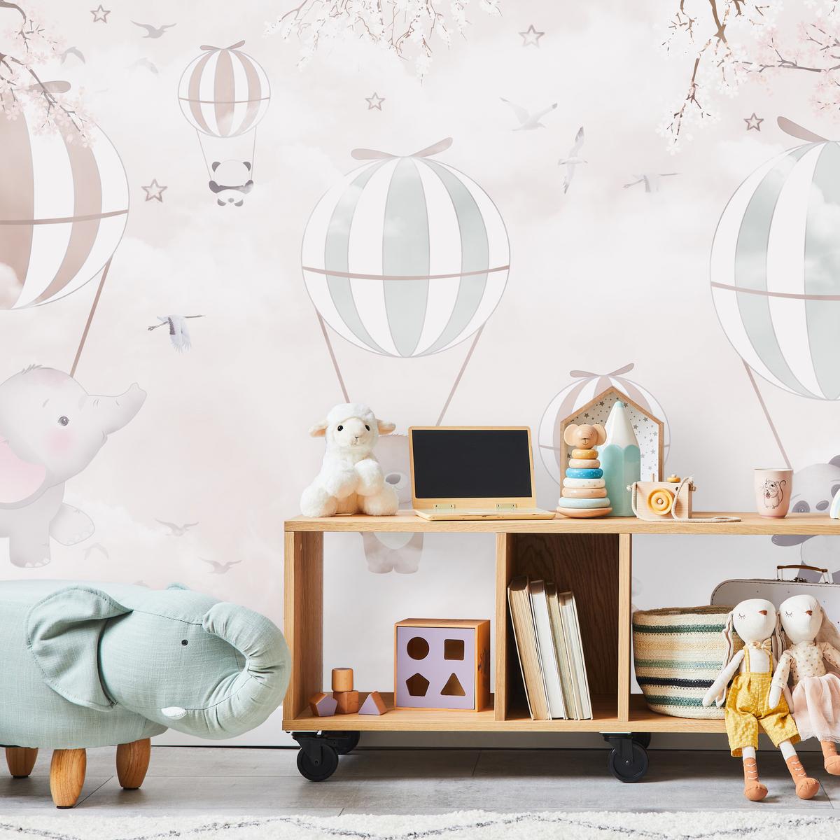 FOTOTAPETE für Kinderzimmer Tiere Himmel Elefant Giraffe Panda Vögel Ballons 500x350 - Multicolor, Papier (500/350cm) - Muralo