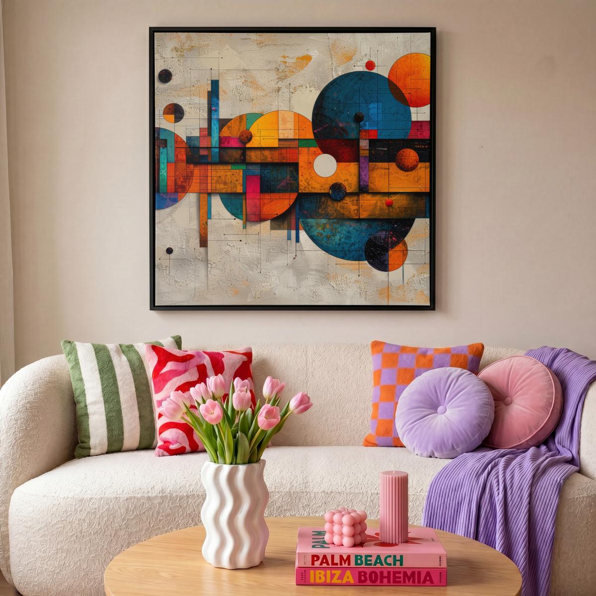 LEINWAND Bilder mit Rahmen - Vintage - Moderne Kunst - Orange - Geometrische Formen - 90x90 - Multicolor, Textil (90/90cm) - MuchoWow
