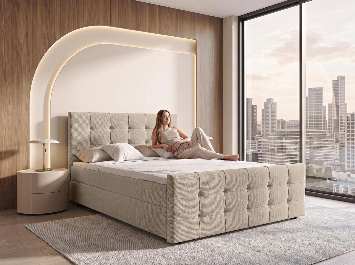 BOXBETT DEFNE 140x200 cm mit Fußteil und Matratze - Creme + TOPPER - Creme/Schwarz, Holz/Holzwerkstoff (140/200cm) - AX Living