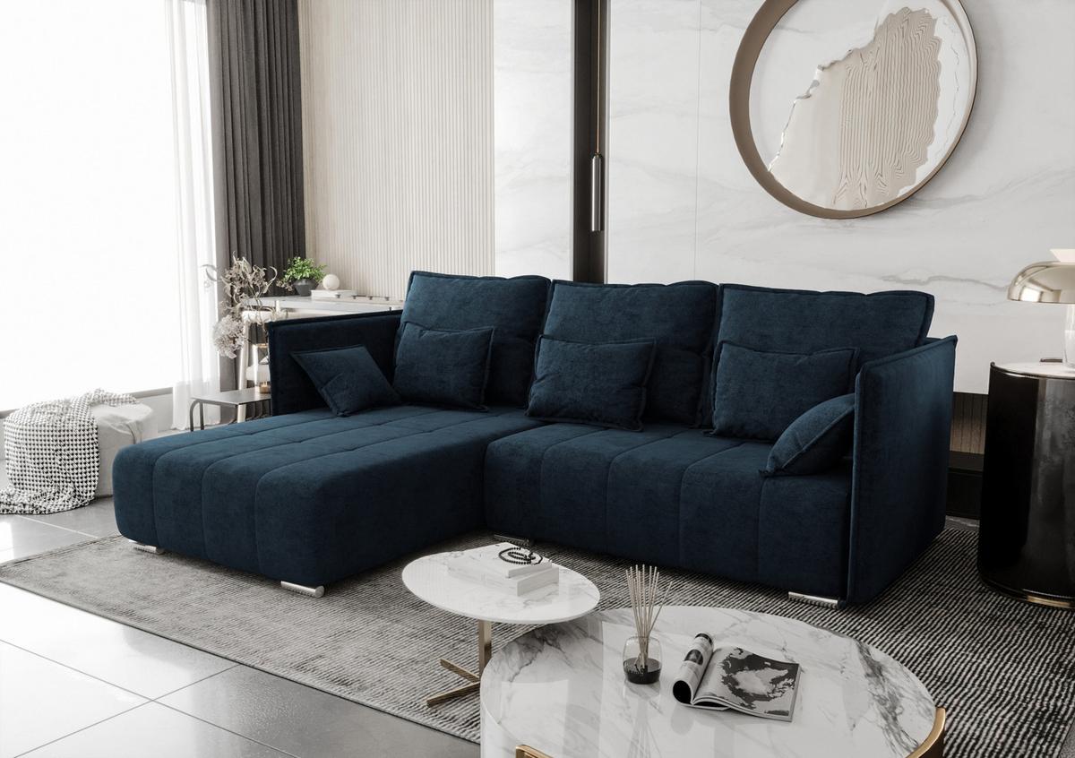 ECKSOFA L Form Florinna Blau 245/182/87 cm mit Schlaffunktion - Chromfarben/Dunkelblau, Textil/Metall (245/182cm) - AX Living
