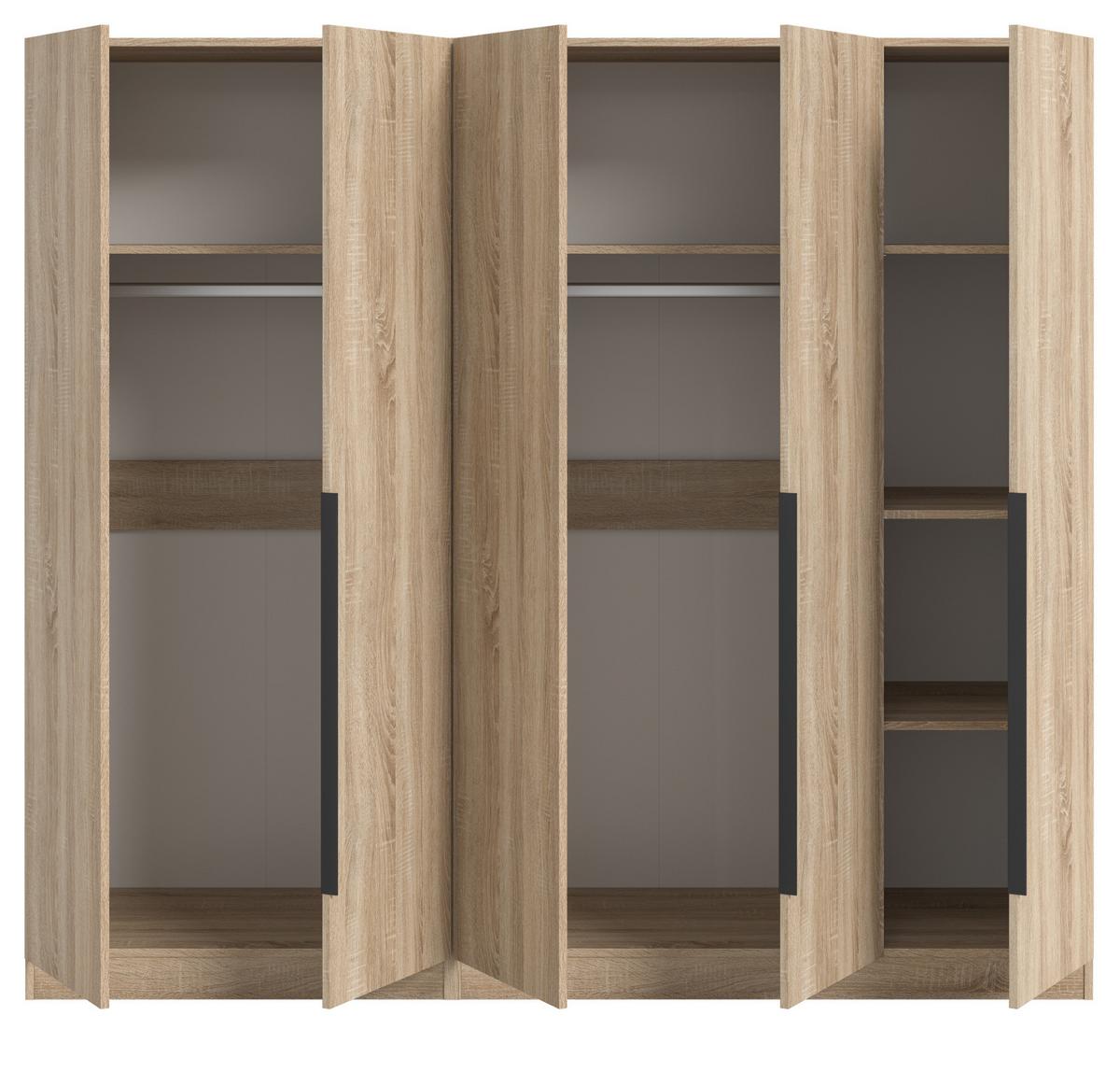 KLEIDERSCHRANK Eiche Sonoma 5-türig 2000 x 181 cm, Drehtürenschrank mit Kleiderstange - Eichefarben/Schwarz, Holzwerkstoff/Kunststoff (200/181/52cm) - Inn.Furn