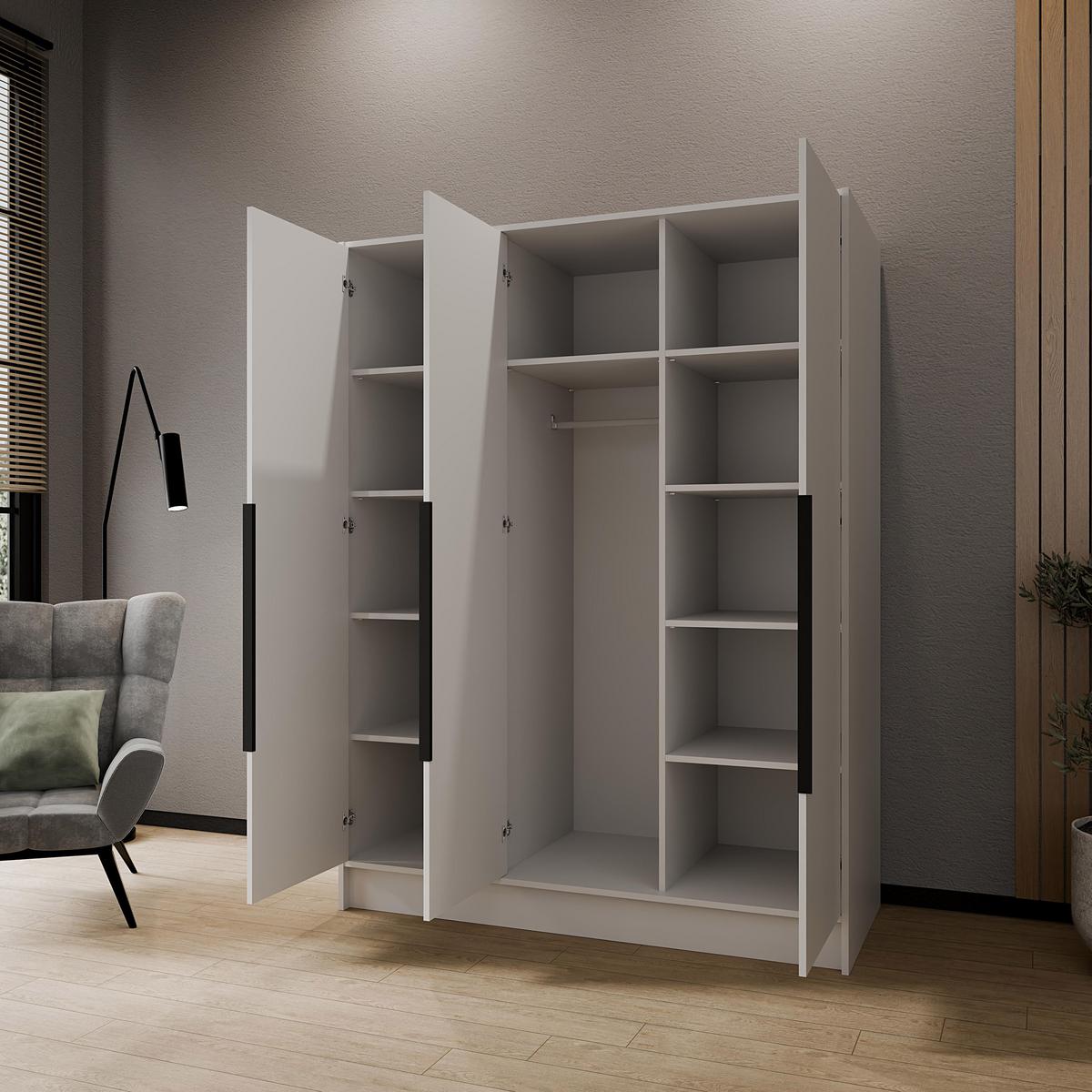 DREHTÜRENSCHRANK Laro mit Spiegel, Weiß mit mit schwarzen Griffen, 150 cm - Weiß, Holzwerkstoff (150/200/51cm) - Beautysofa