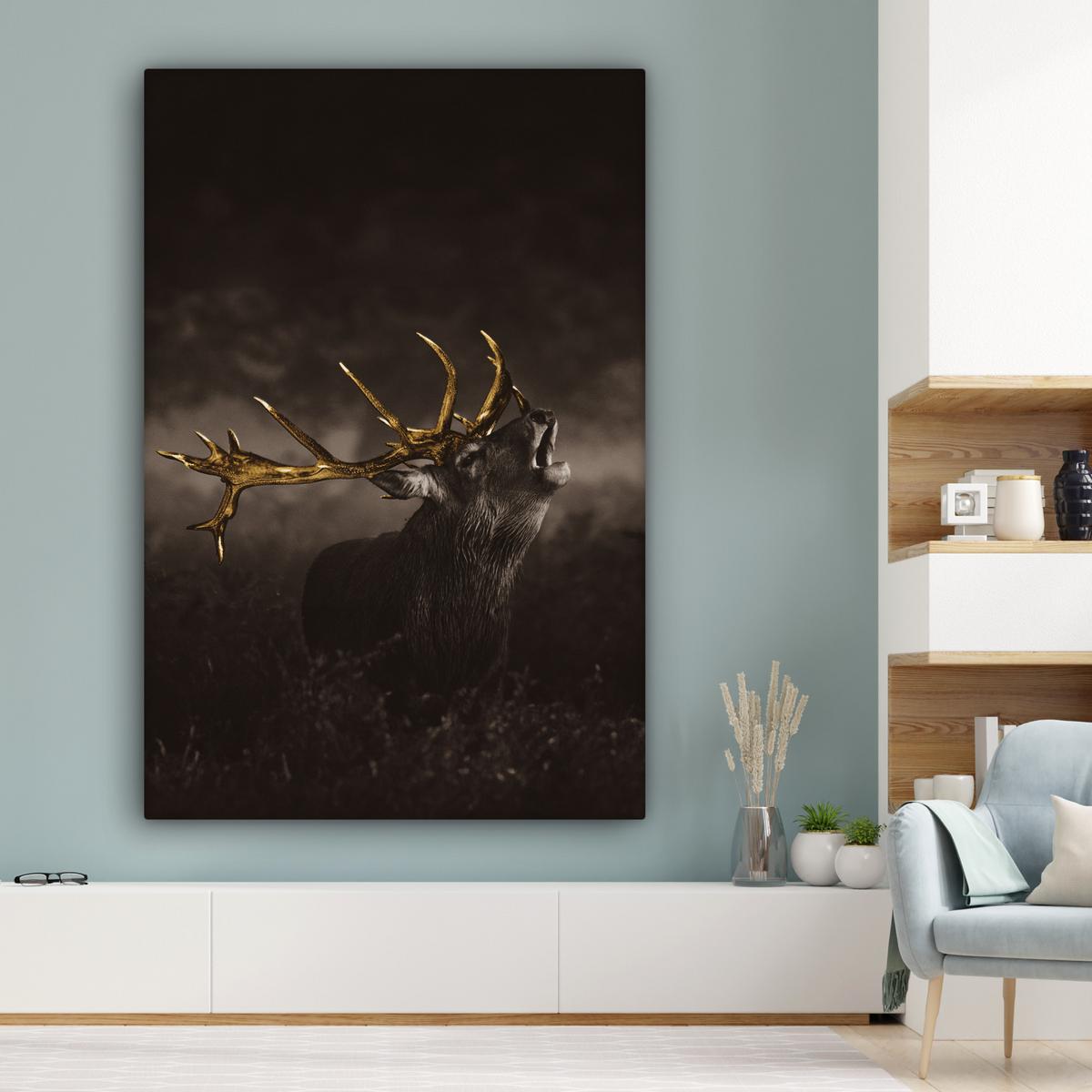 LEINWANDBILD Rotwild - Schwarz - Gold Deko Groß 90x140 cm - Braun, Textil (90/140cm) - MuchoWow