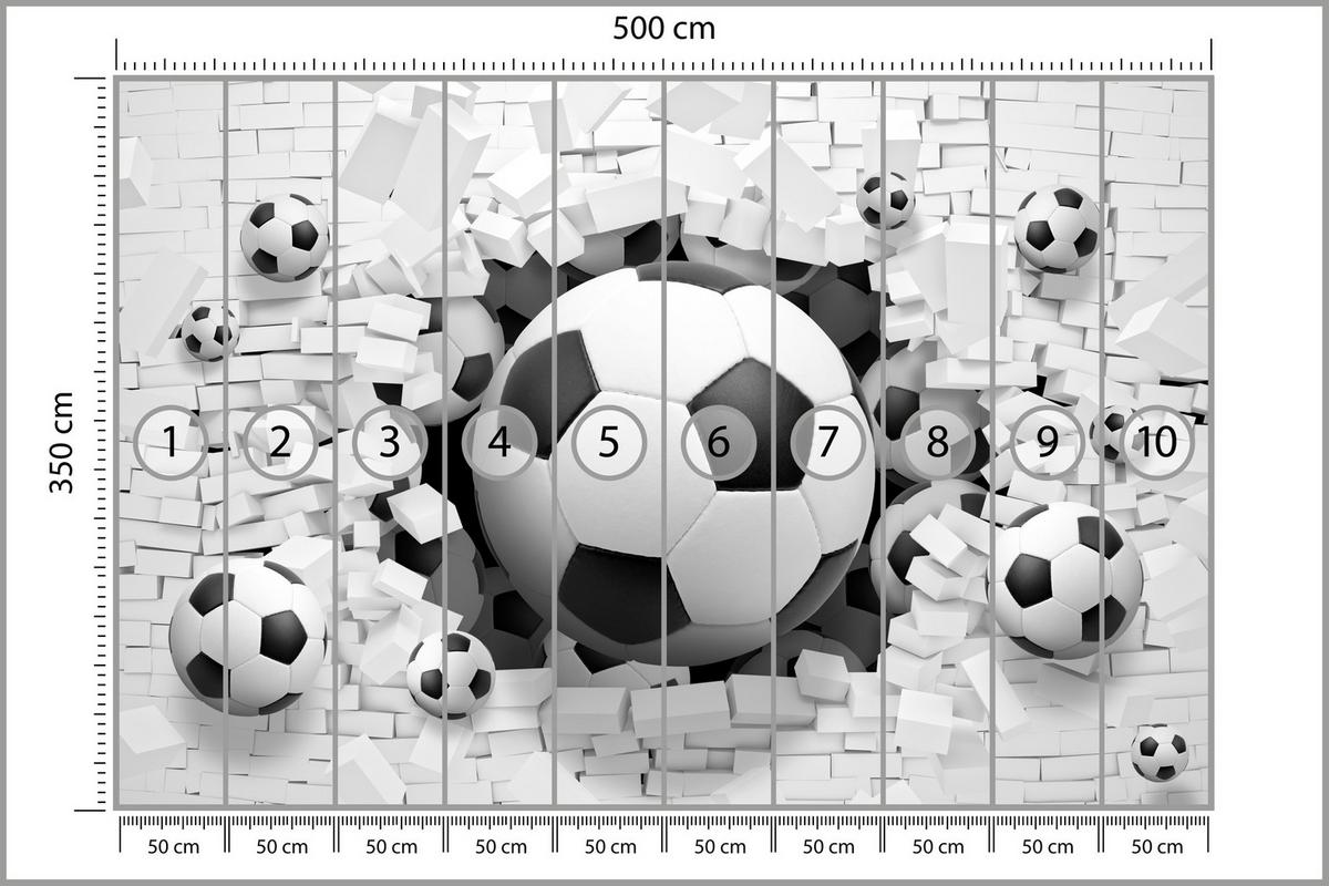 FOTOTAPETE für Jugendzimmer Fußbälle Weiße Ziegelwand Sport 500x350 - Schwarz/Weiß, Papier (500/350cm) - Muralo