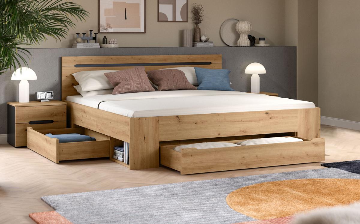 SCHLAFZIMMER Eiche Artisan, grau 3-teilig, Komplettset mit Bett 180 x 200 cm - Eiche Artisan/Grau, Holzwerkstoff/Metall - Inn.Furn