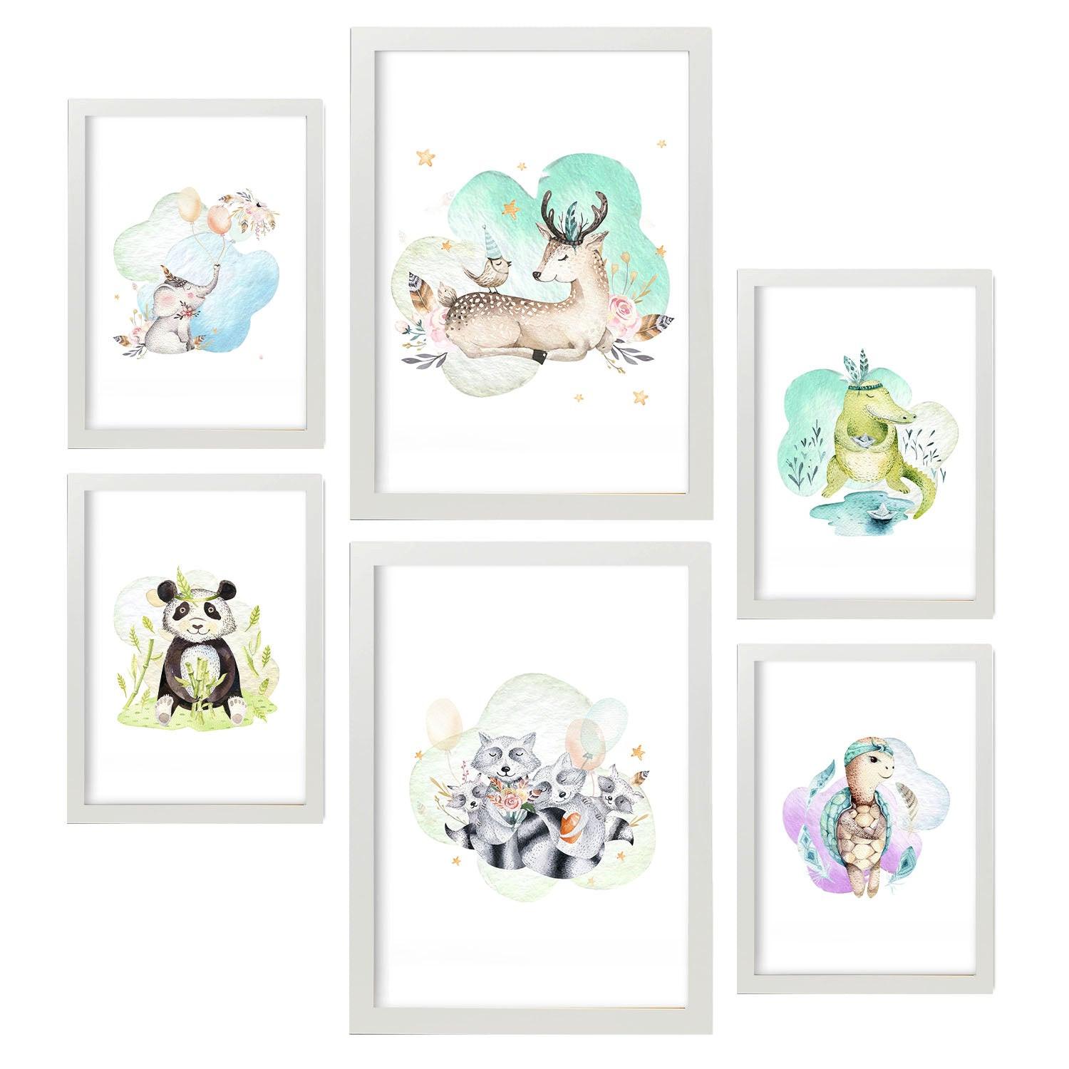 POSTER Set Mit 6 Tierfamilien Weißer Hintergrunddruck Mit Tierfamilienthemen Im Pastell Aquarell Stil Innenarchitektur A3 & A4 Weißer Rahmen - Weiß, Papier (29/3cm) - Nacnic
