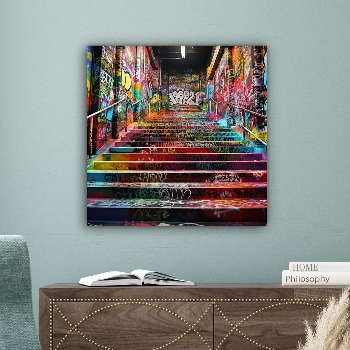 LEINWANDBILD Treppe - Graffiti - Farben - Kunst Wandbild Wohnzimmer 50x50 cm - Multicolor, Textil (50/50cm) - MuchoWow